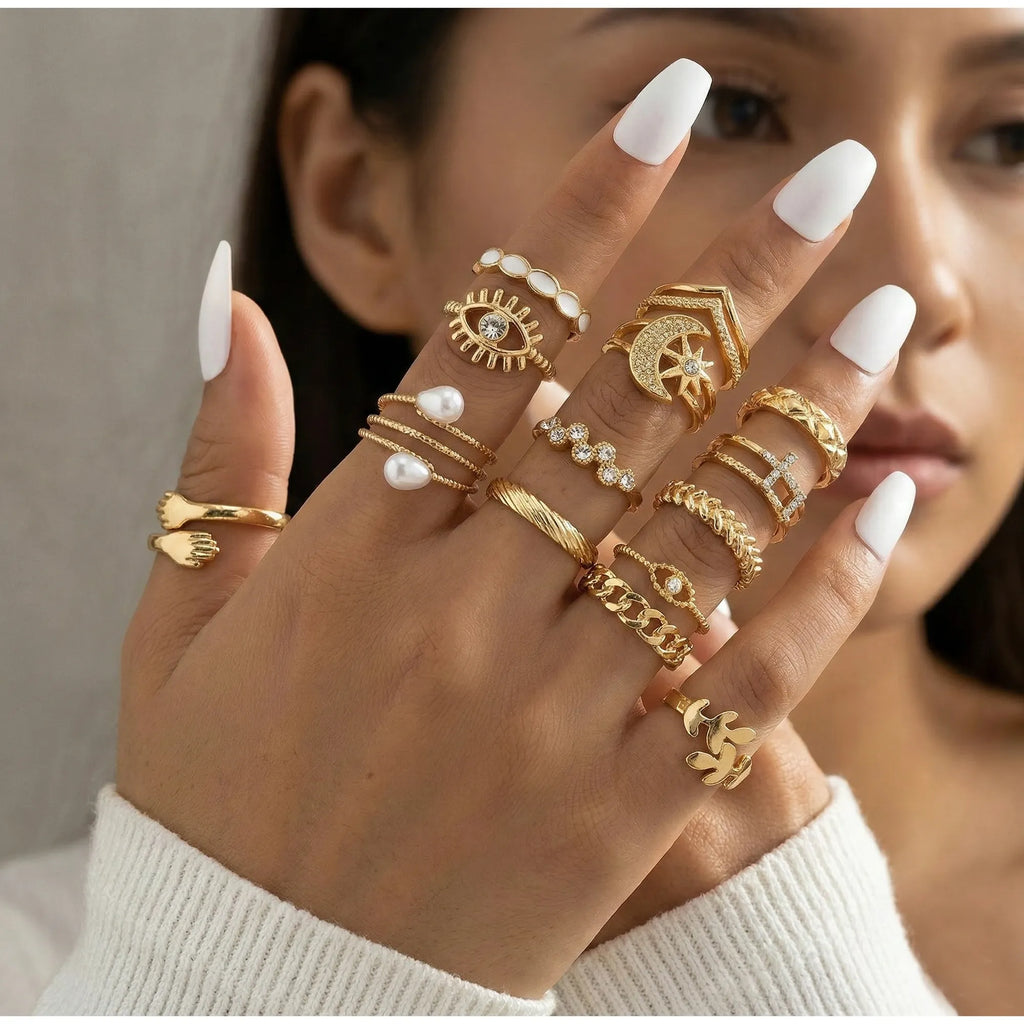 25-Piece Gold-Tone Fashion Ring Set with Faux Pearls, Cubic Zirconia, and Geometric Motifs