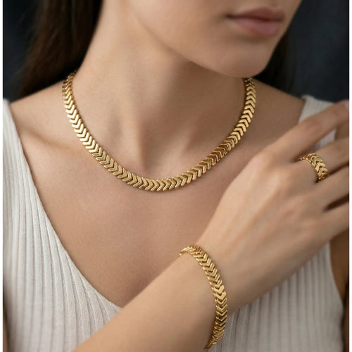 3-Piece Gold-Tone Chevron Link Jewelry Set with Necklace, Bracelet, and Ring