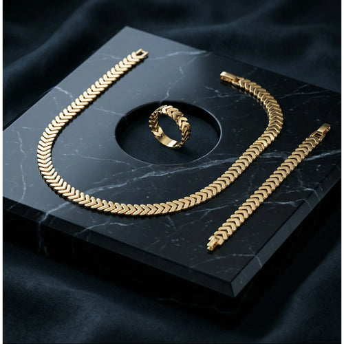 3-Piece Gold-Tone Chevron Link Jewelry Set with Necklace, Bracelet, and Ring