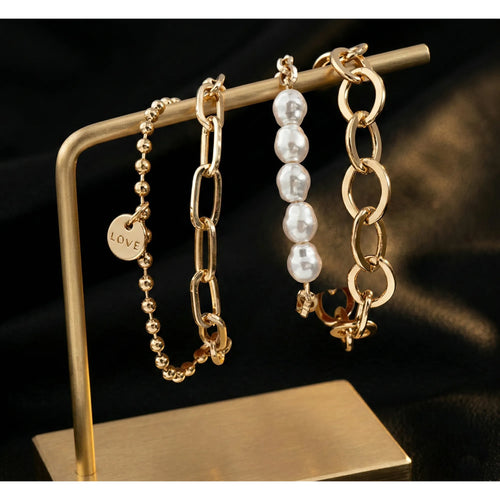 4-Piece Gold-Tone Bracelet Set with Faux Pearls, Curb Chain, and "LOVE" Engraved Disc
