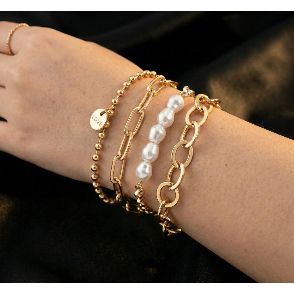 4-Piece Gold-Tone Bracelet Set with Faux Pearls, Curb Chain, and "LOVE" Engraved Disc