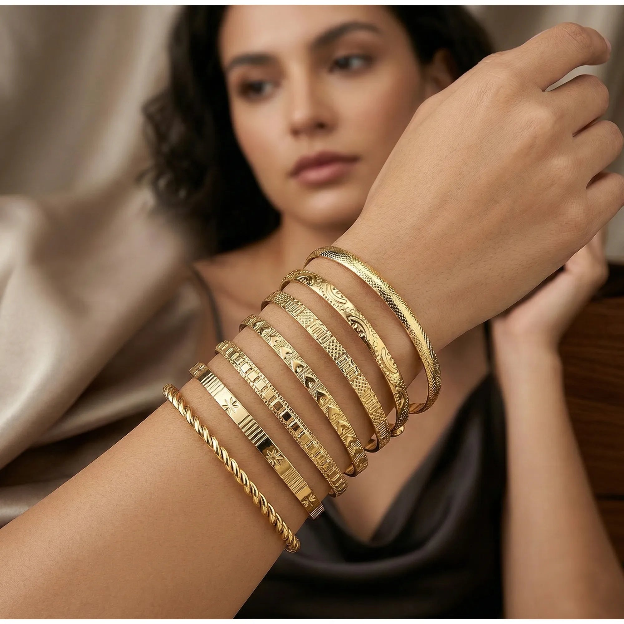 8-Piece Gold-Tone Textured Bangle Set with Twisted, Engraved, and Star Motif Designs