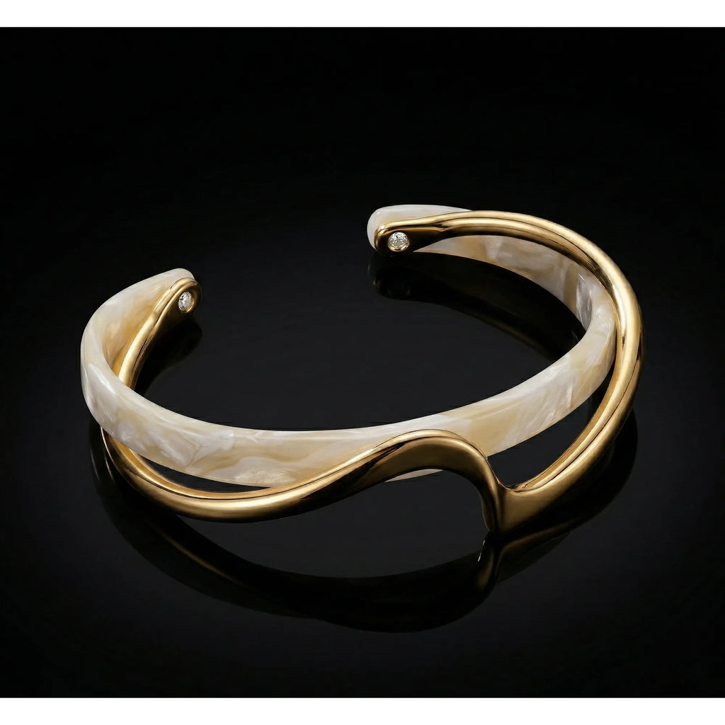 Double-Band Wave Cuff Bracelet in Gold-Tone Metal and Cream Resin