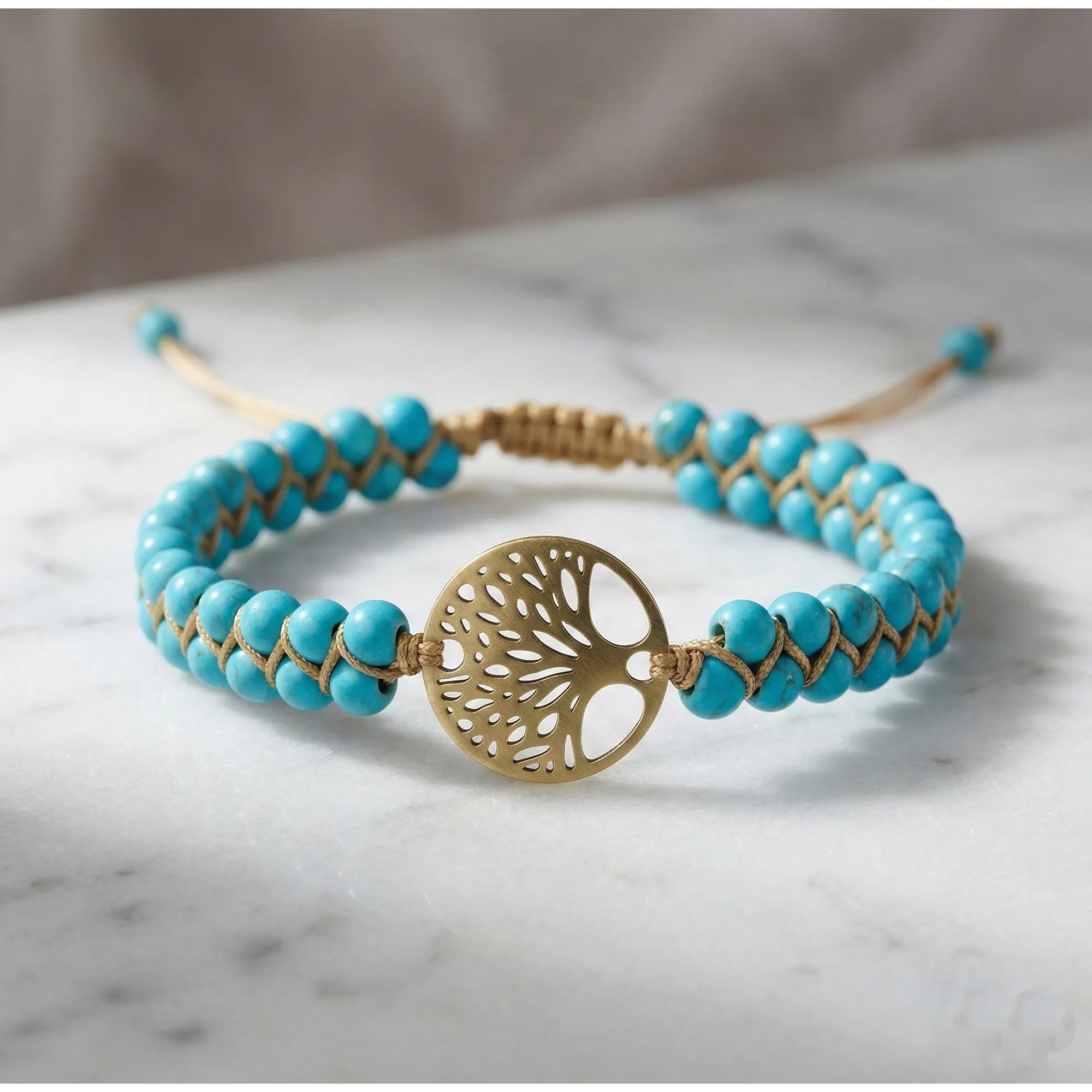 Double-Strand Turquoise-Tone Bead Bracelet with Gold-Tone Tree Pendant and Braided Cord