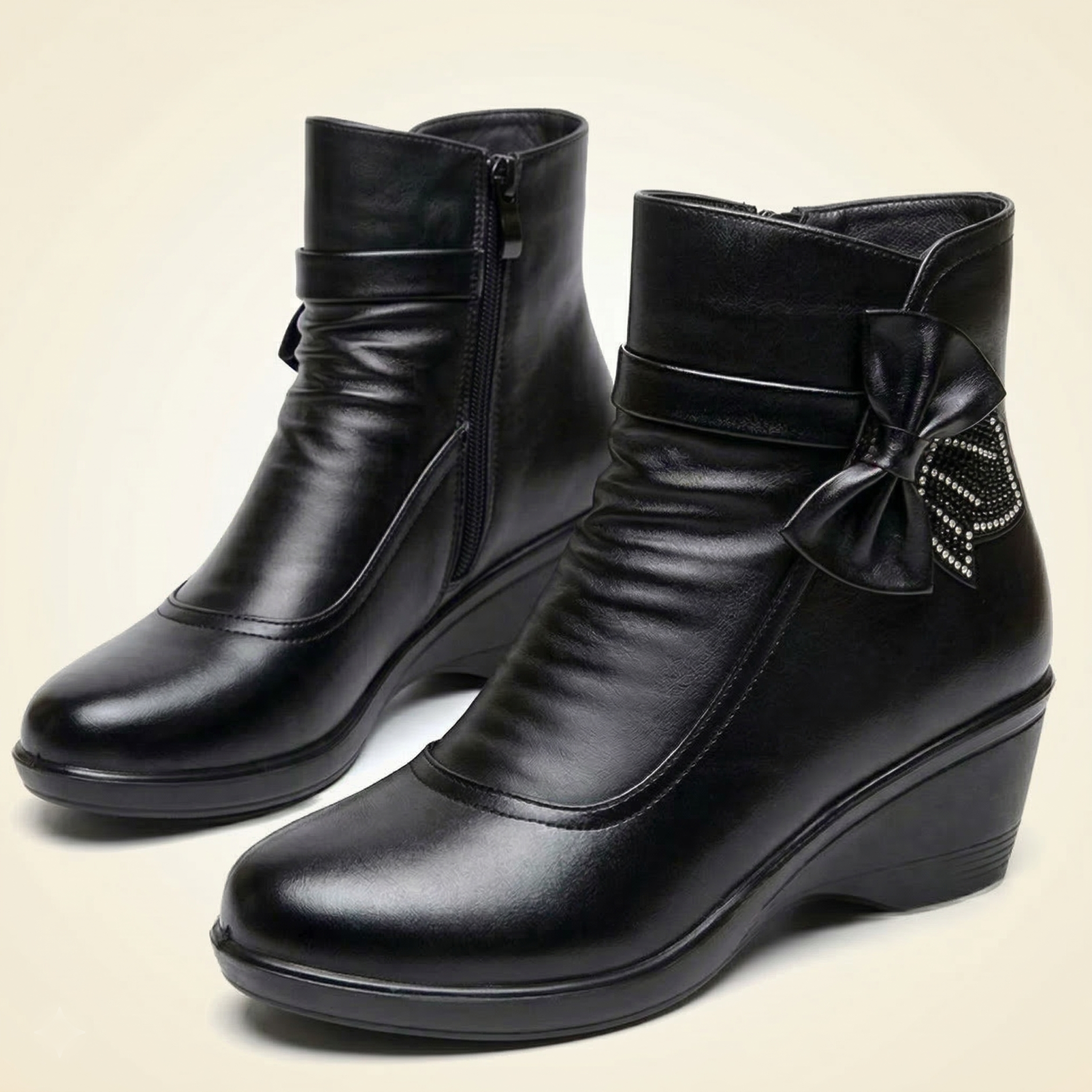 Ruching Vegan Leather Wedge Ankle Boots with Rhinestone Bow Accents