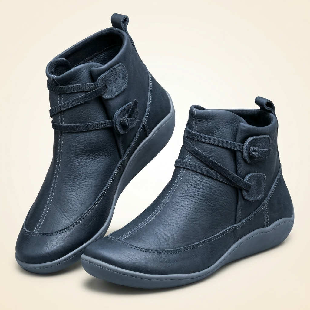 Women's Vintage Flat Ankle Boots with Wrap Strap & Toggle Closure