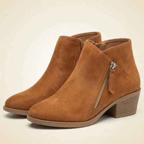 Women's Suede Ankle Bootie with Side Zipper and Stacked Block Heel