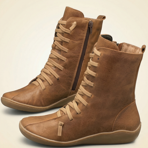 Women's Mid-Calf Leather Boot with Cross Strap Lace-Up Front, Side Zipper and Flat Rubber Sole