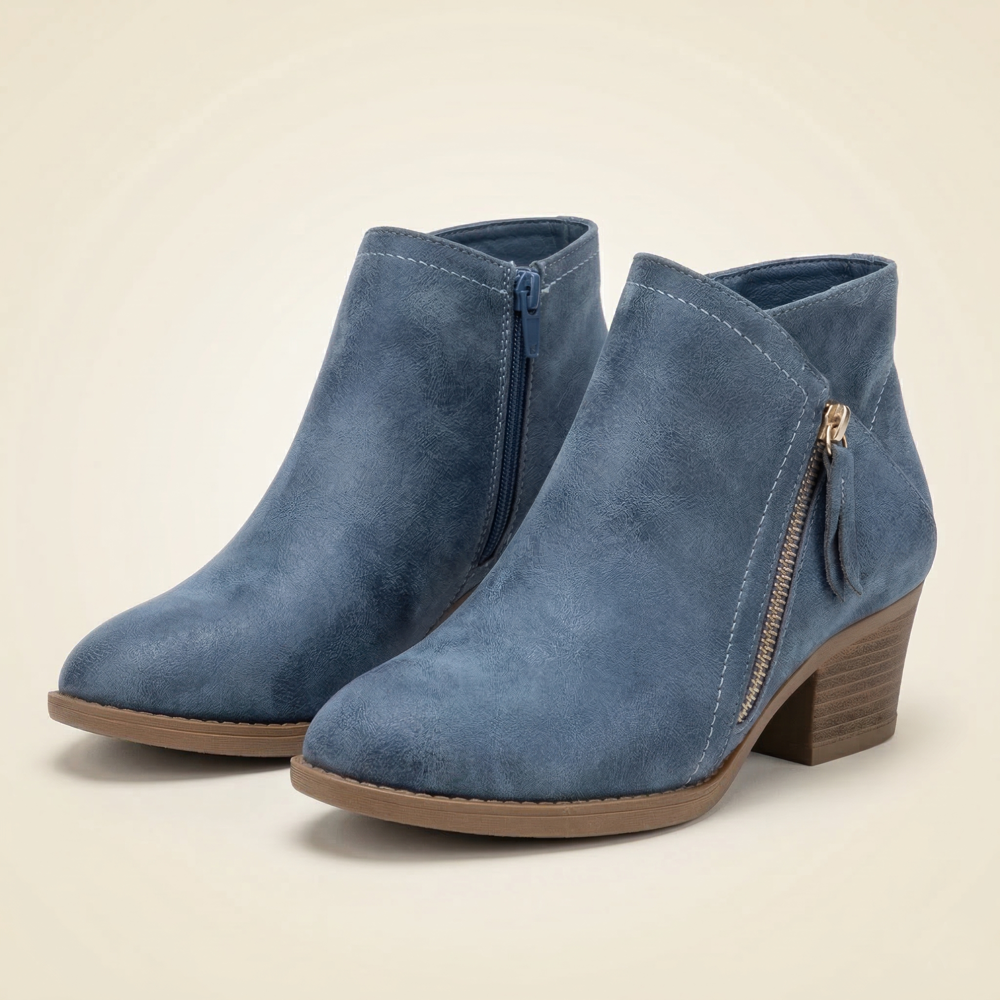 Women's Suede Ankle Bootie with Side Zipper and Stacked Block Heel