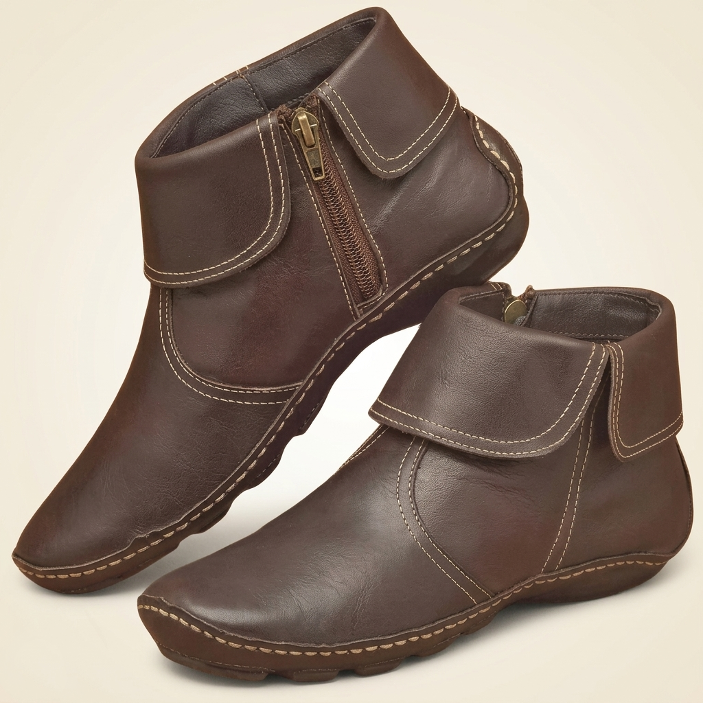 Hand-Stitched Fold-Over Collar Side-Zip Vegan Leather Ankle Boots