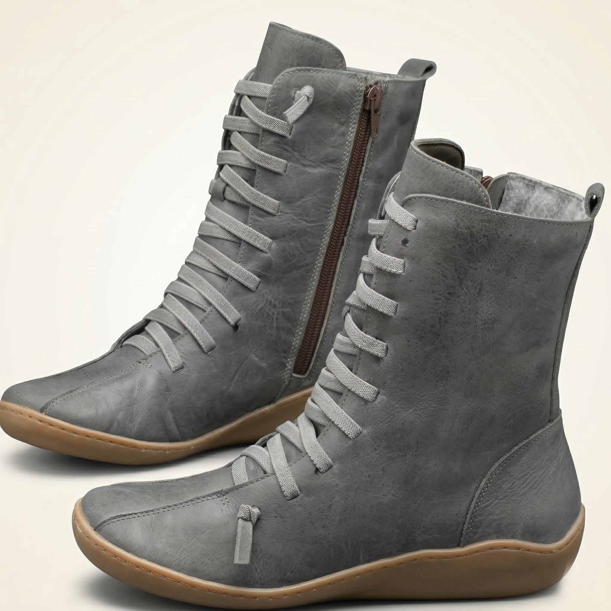 Women's Mid-Calf Leather Boot with Cross Strap Lace-Up Front, Side Zipper and Flat Rubber Sole