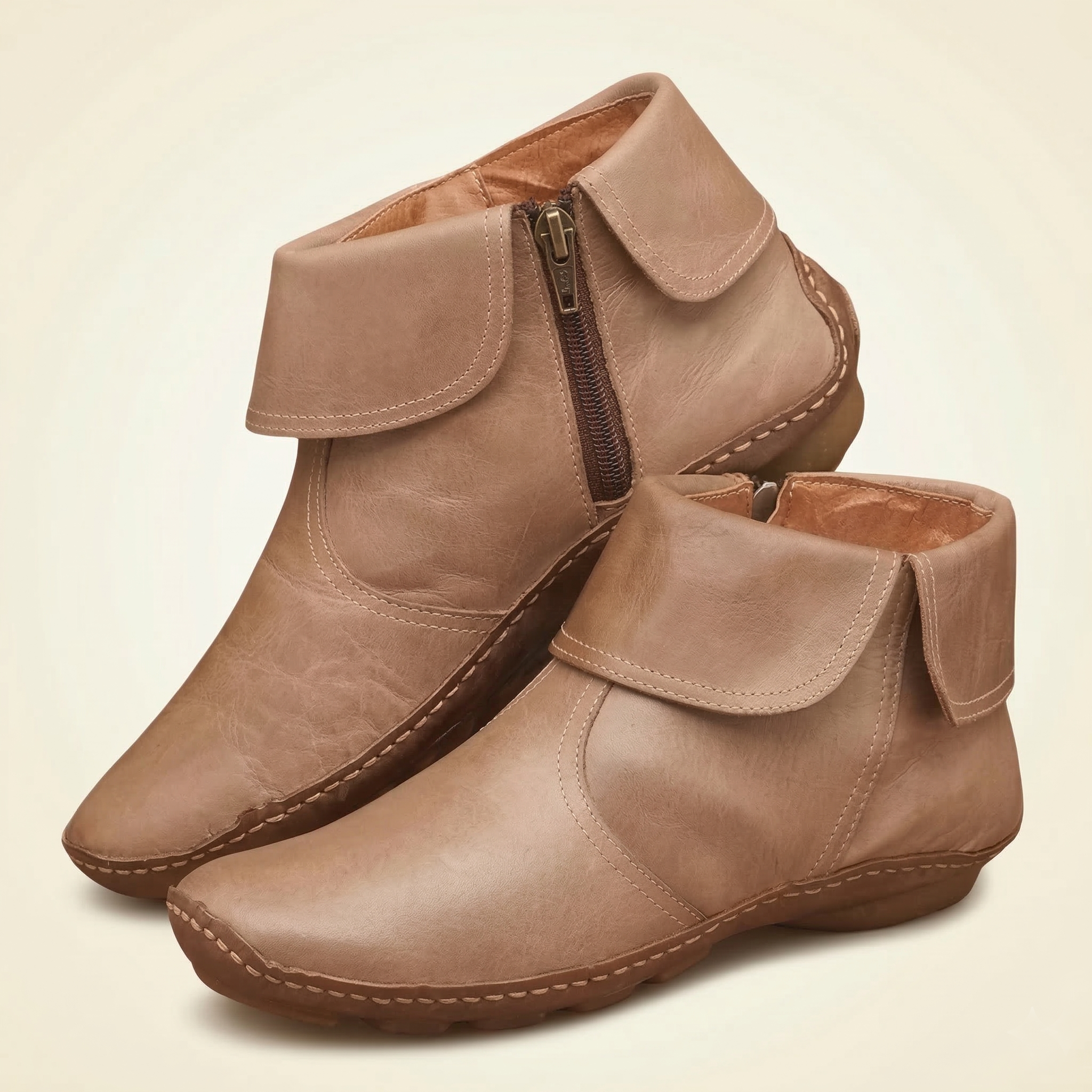Hand-Stitched Fold-Over Collar Side-Zip Vegan Leather Ankle Boots