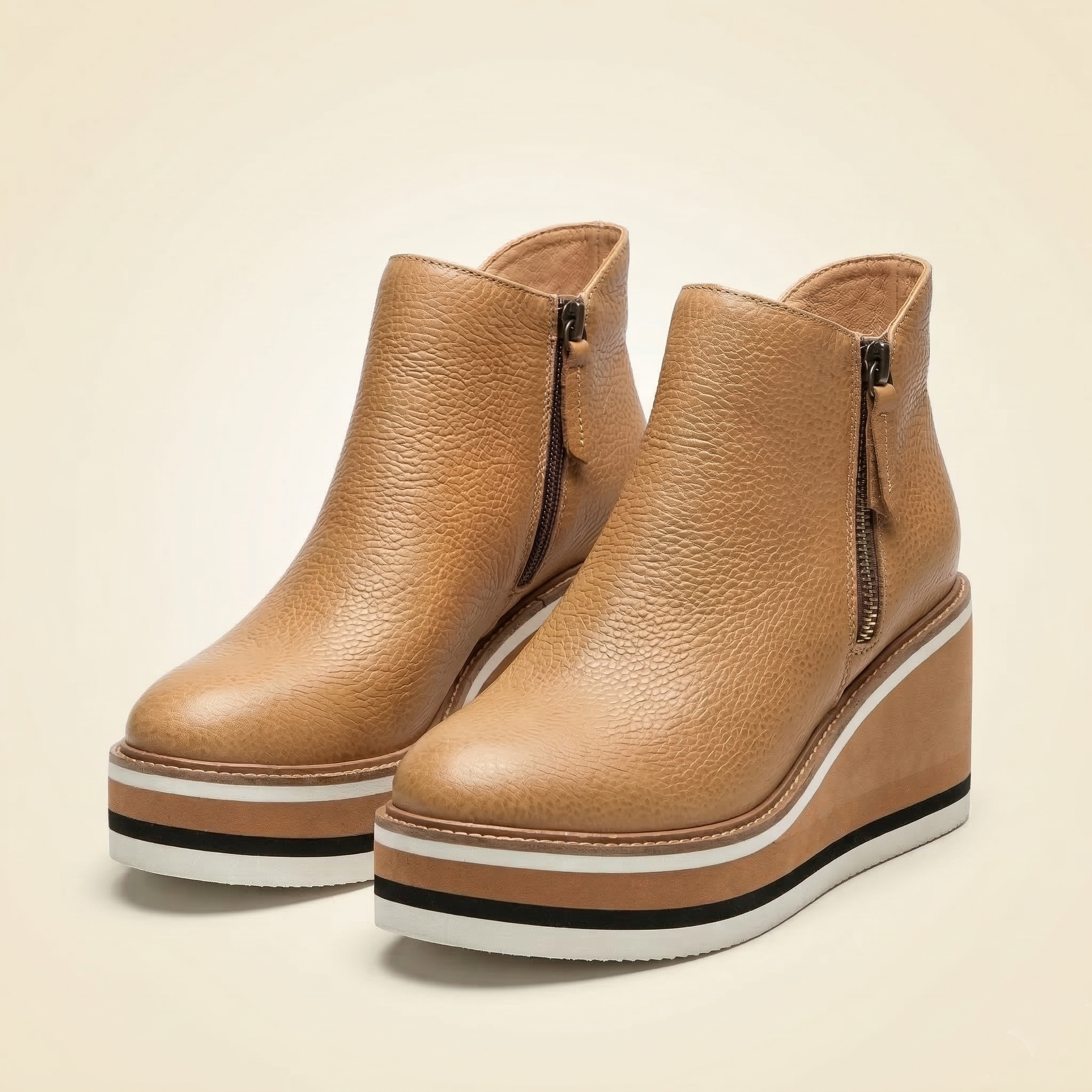 Women's Wedge Platform Ankle Boot with Side Zipper and Striped Sole