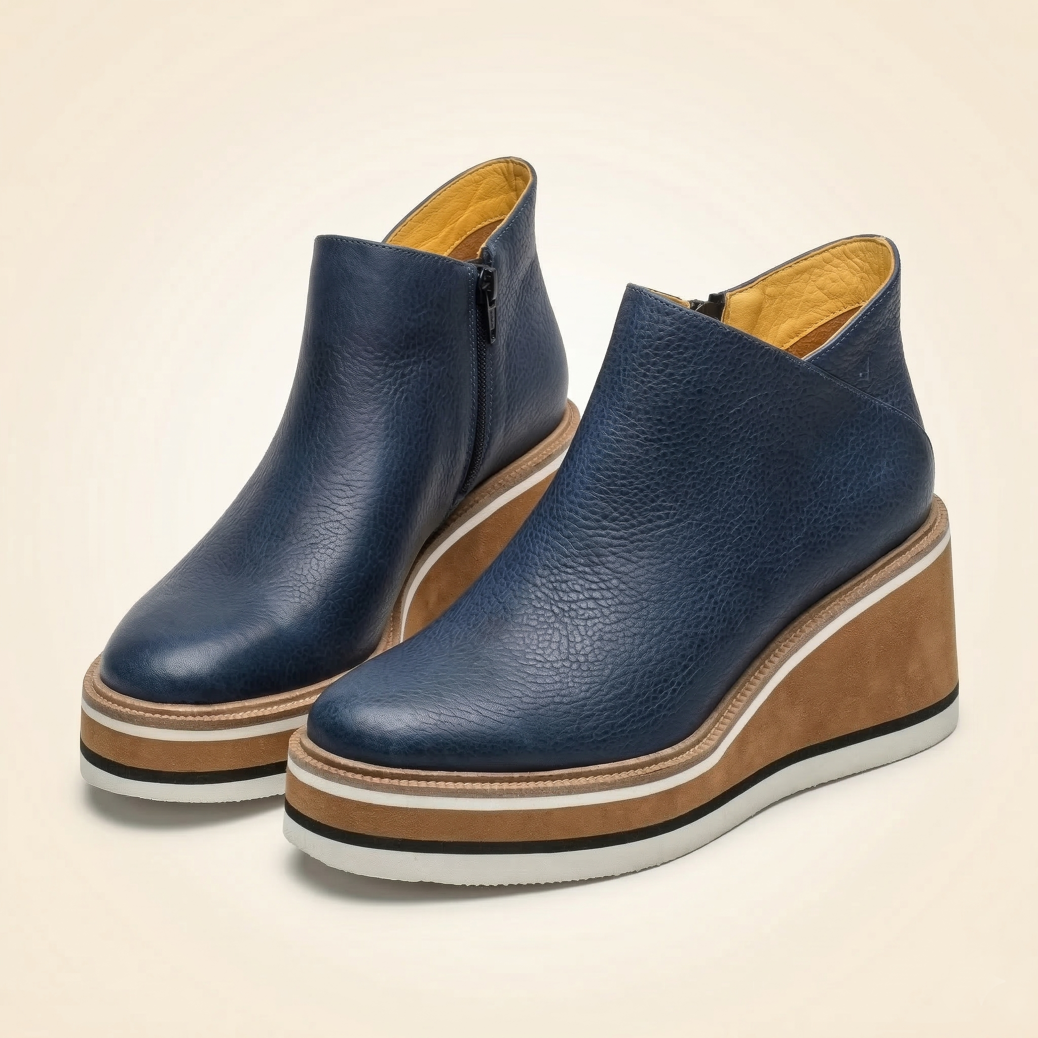 Women's Wedge Platform Ankle Boot with Side Zipper and Striped Sole