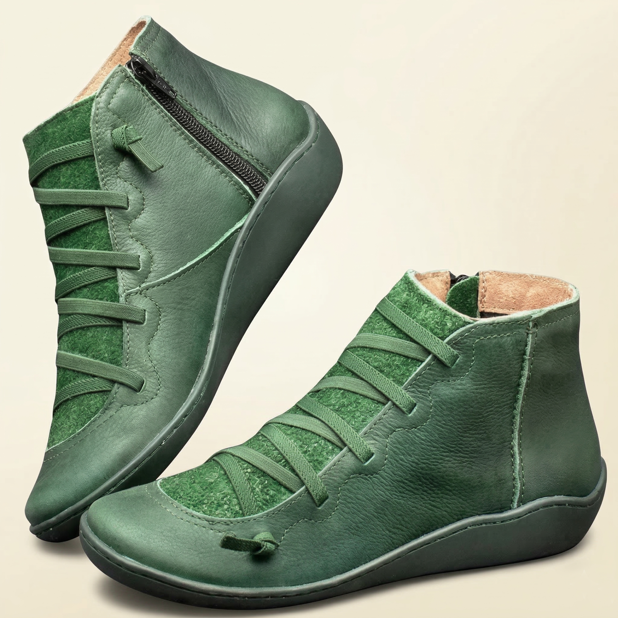 Multi-Color vegan Leather Lace-Up Side-Zip Flat Ankle Boots