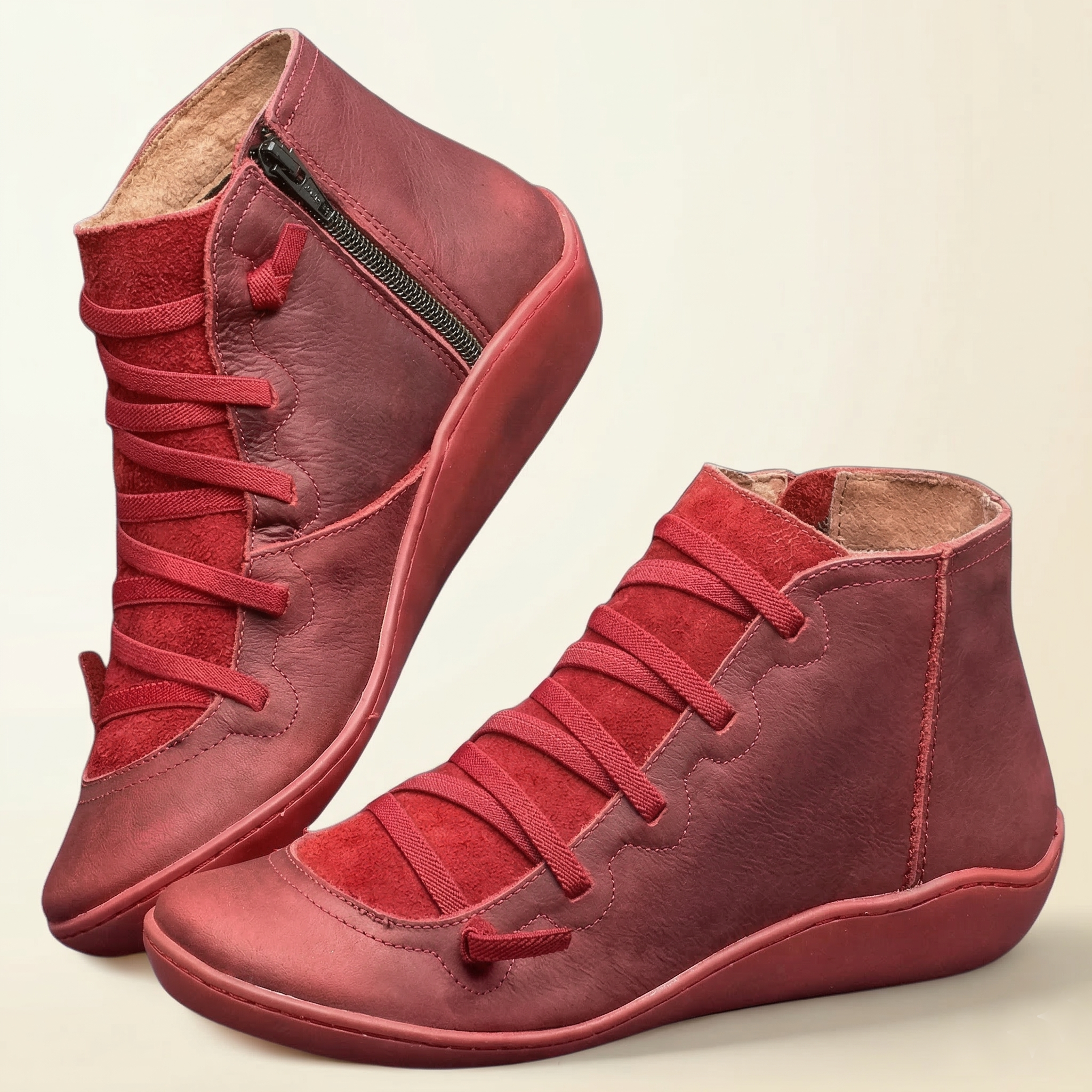 Multi-Color vegan Leather Lace-Up Side-Zip Flat Ankle Boots