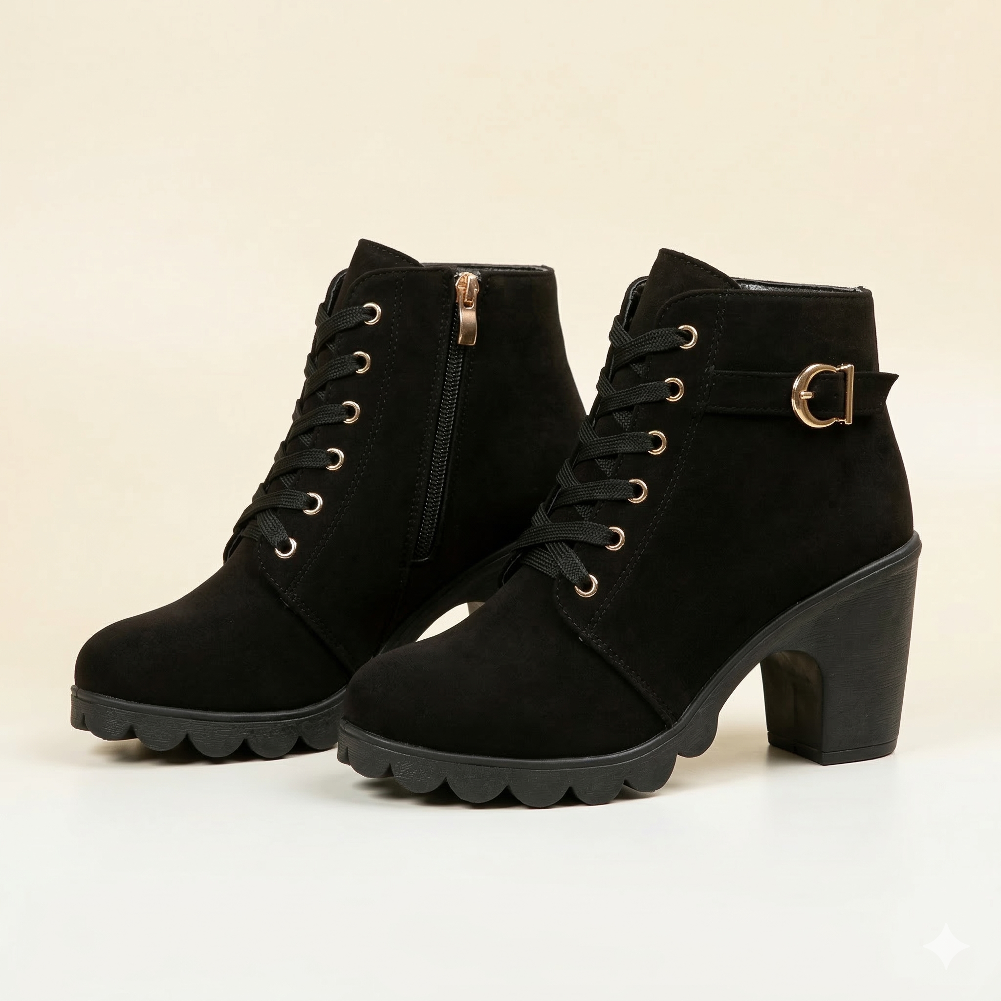 Women's Ankle Boot with Lace-Up Front, Side Zipper, Buckle Strap and High Block Heel on Lugged Platform Sole