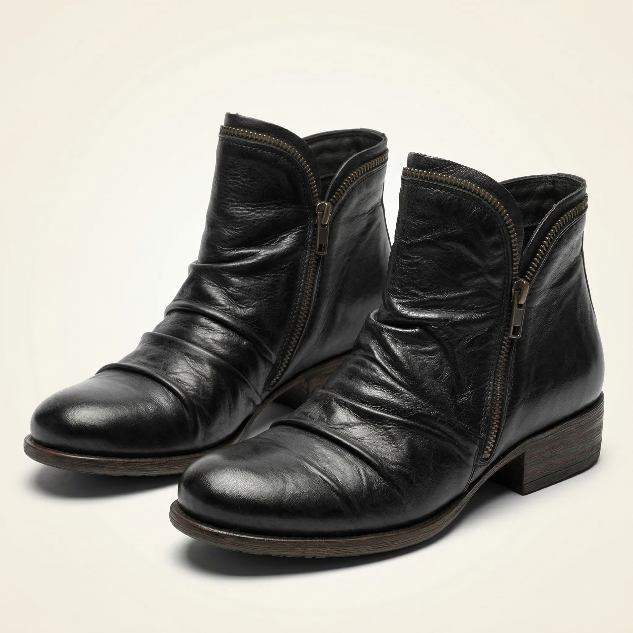 Women's Leather Ankle Bootie with Ruched Upper, Dual Side Zippers and Low Stacked Heel