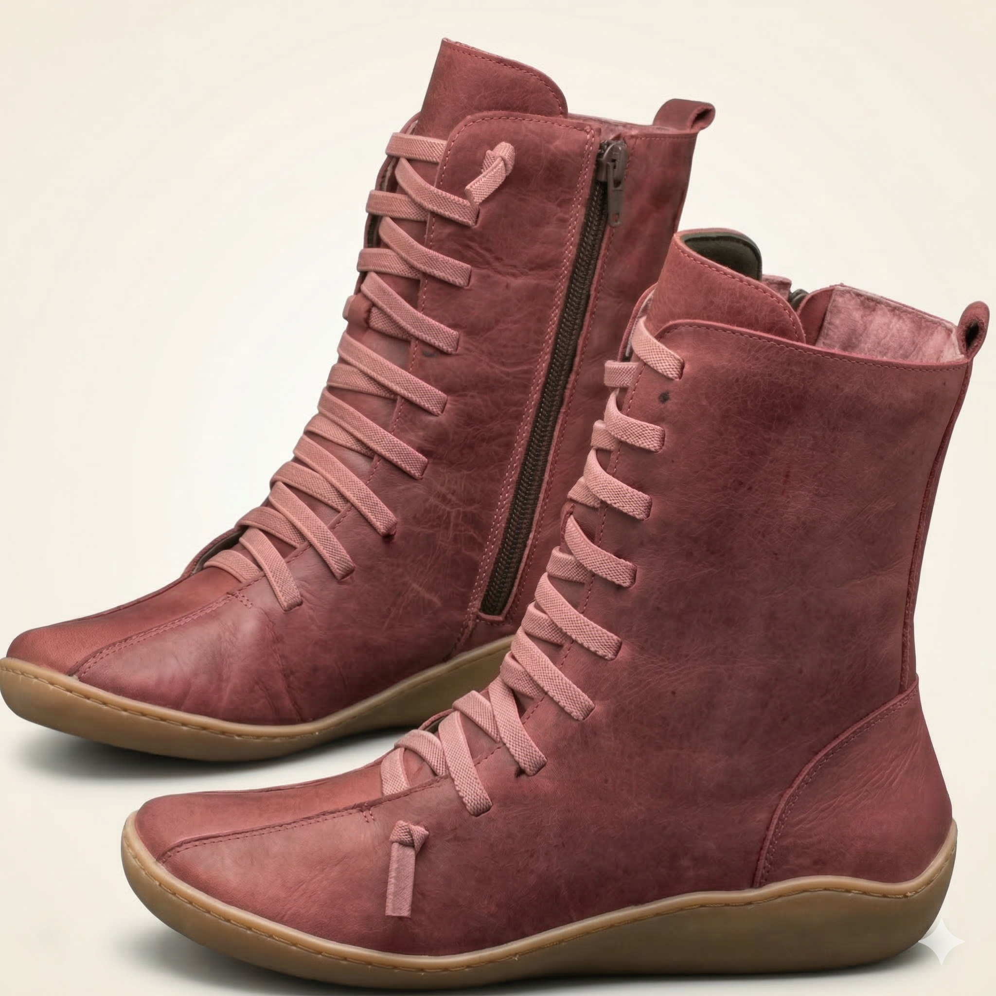 Women's Mid-Calf Leather Boot with Cross Strap Lace-Up Front, Side Zipper and Flat Rubber Sole