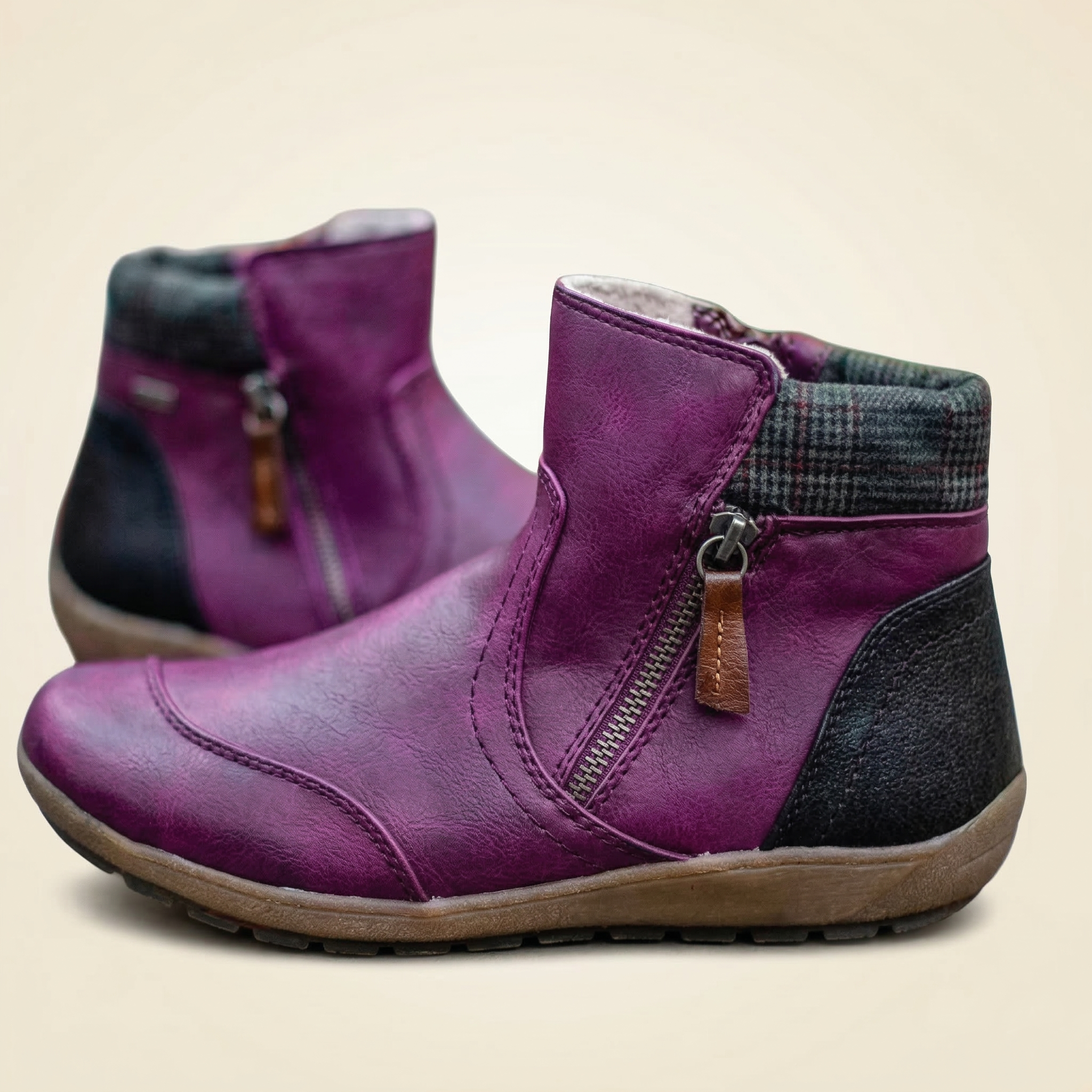 Women's Two-Tone Vegan Leather Ankle Boots with Side Zipper, Plaid Collar Trim & Flat Rubber Sole