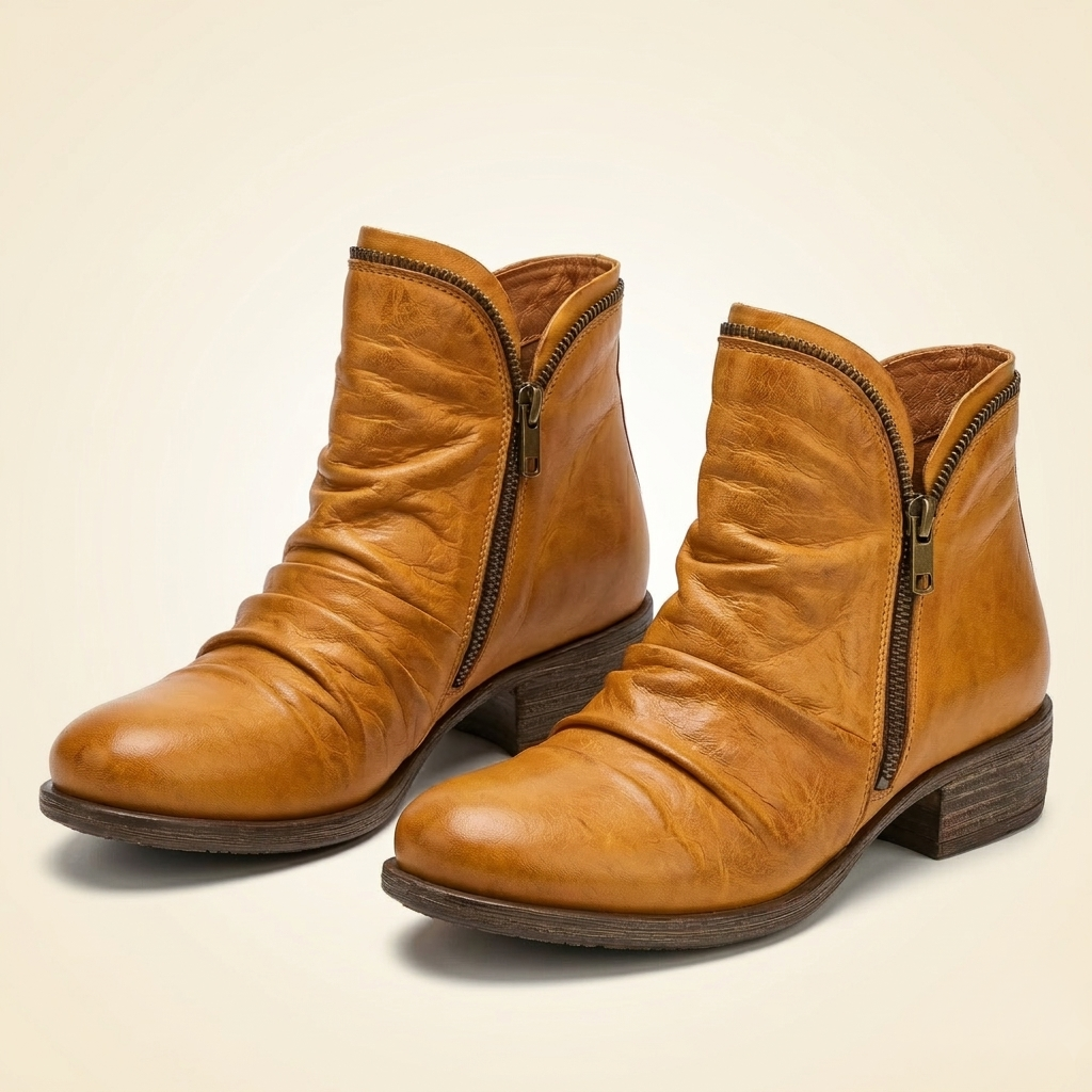 Women's Leather Ankle Bootie with Ruched Upper, Dual Side Zippers and Low Stacked Heel