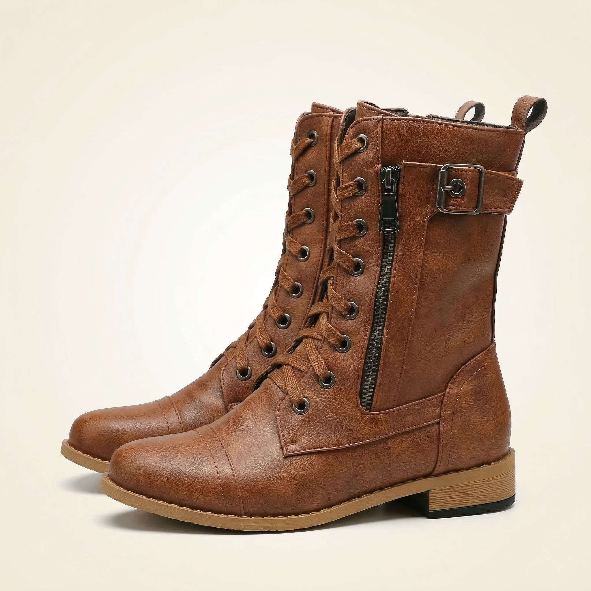 Women's Mid-Calf Combat Boot with Lace-Up Front, Side Zipper and Buckle Strap