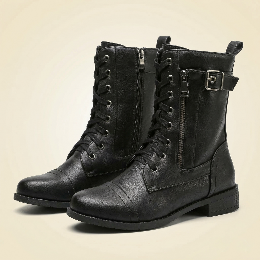 Women's Mid-Calf Combat Boot with Lace-Up Front, Side Zipper and Buckle Strap