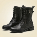 Women's Mid-Calf Combat Boot with Lace-Up Front, Side Zipper and Buckle Strap