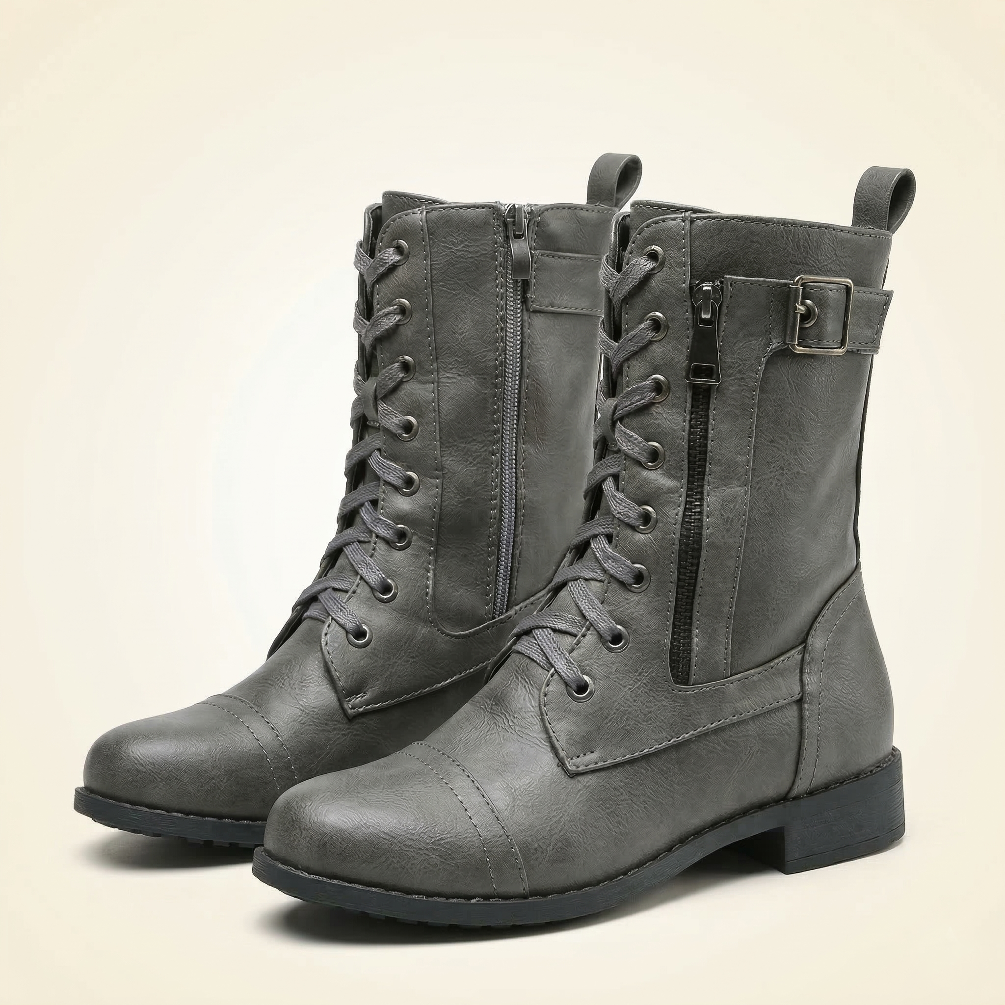 Women's Mid-Calf Combat Boot with Lace-Up Front, Side Zipper and Buckle Strap