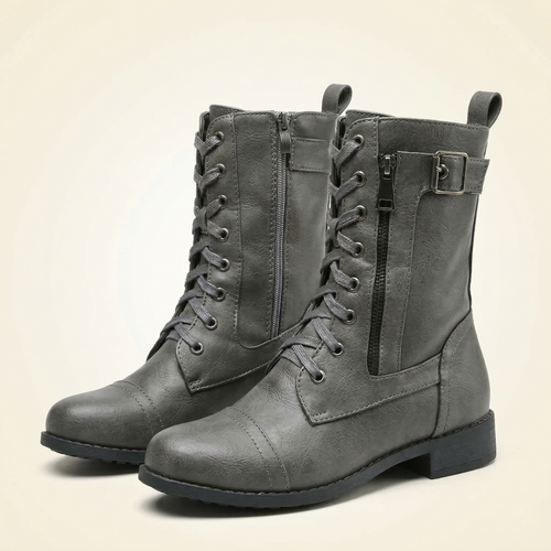 Women's Mid-Calf Combat Boot with Lace-Up Front, Side Zipper and Buckle Strap