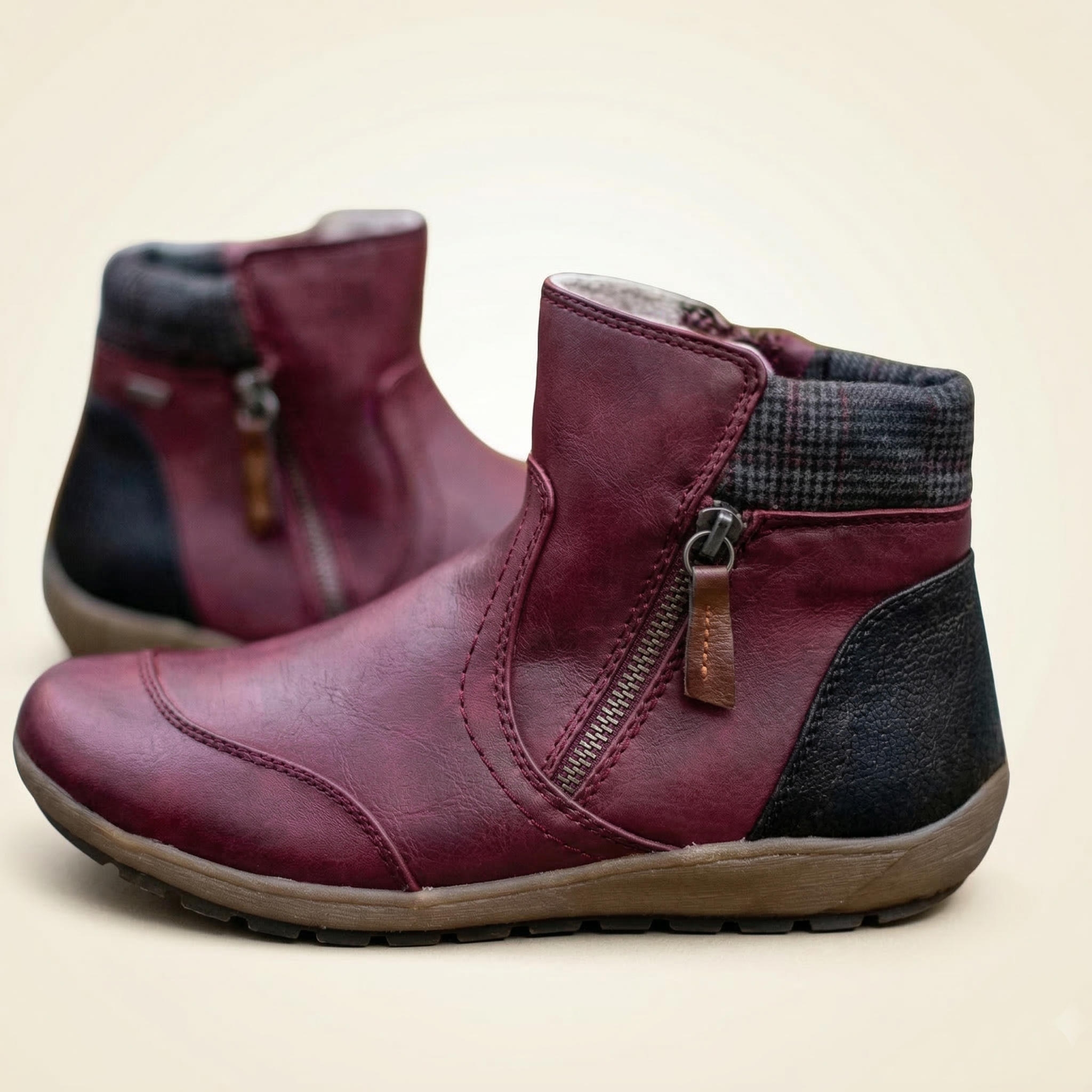 Women's Two-Tone Vegan Leather Ankle Boots with Side Zipper, Plaid Collar Trim & Flat Rubber Sole