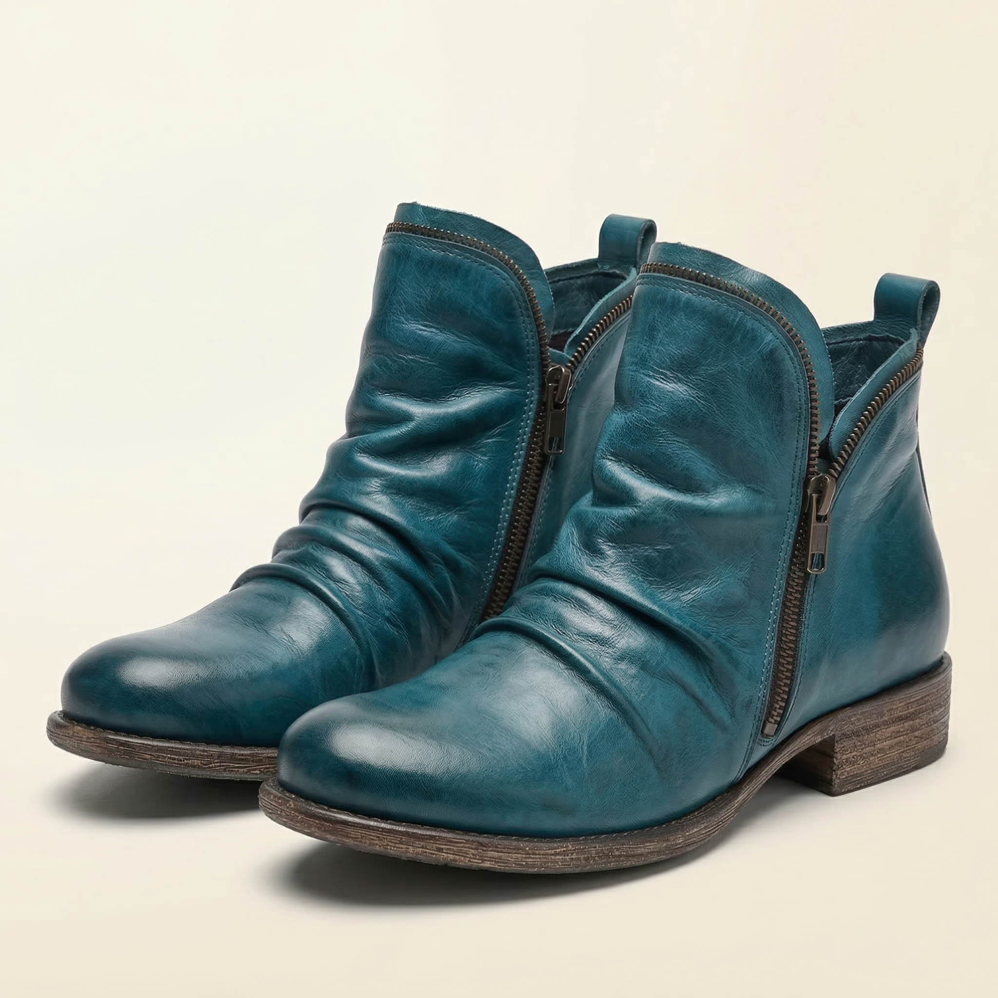 Women's Leather Ankle Bootie with Ruched Upper, Dual Side Zippers and Low Stacked Heel