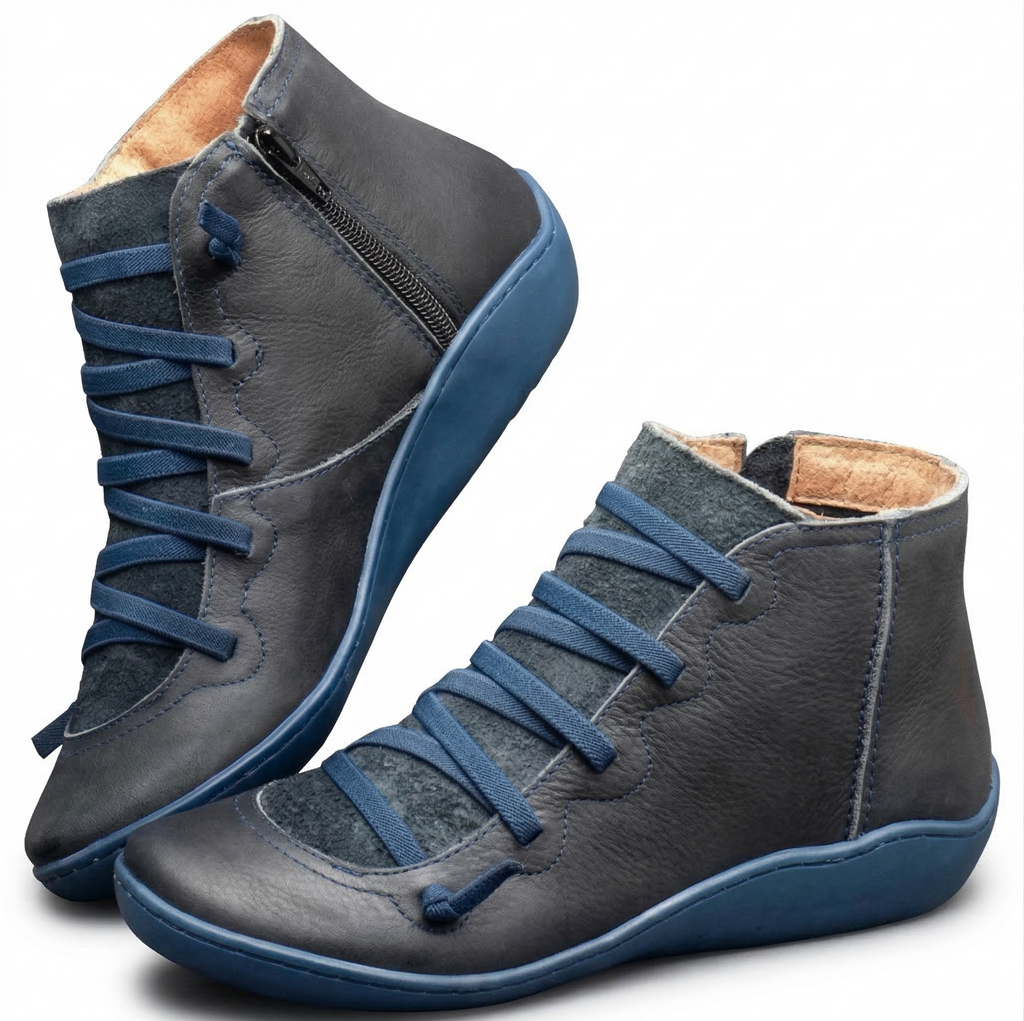 Multi-Color vegan Leather Lace-Up Side-Zip Flat Ankle Boots