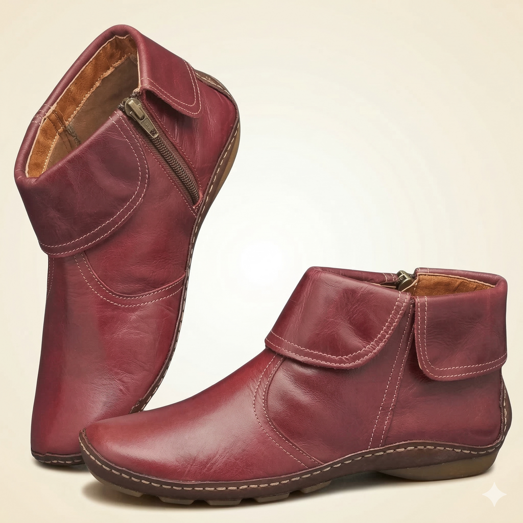 Hand-Stitched Fold-Over Collar Side-Zip Vegan Leather Ankle Boots