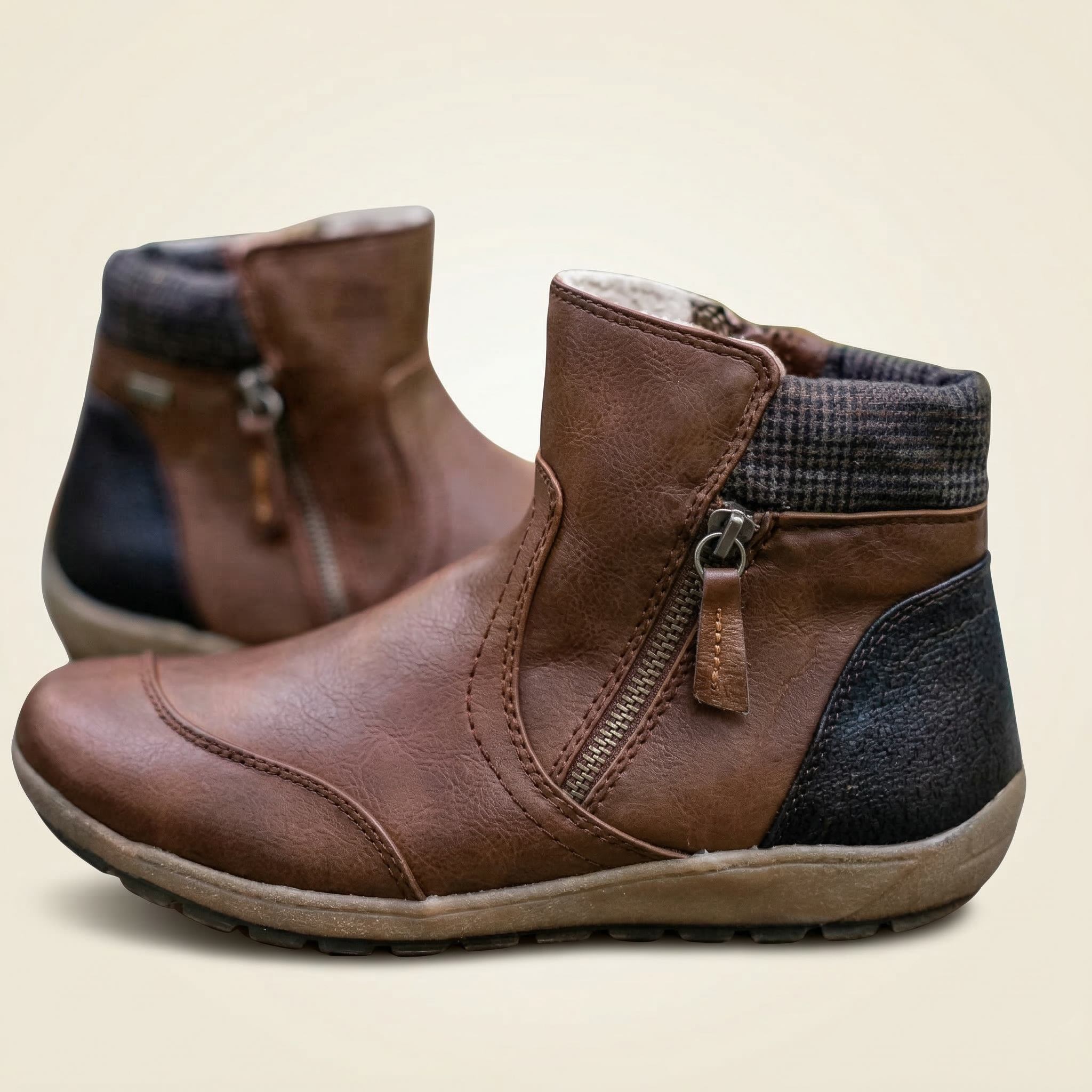 Women's Two-Tone Vegan Leather Ankle Boots with Side Zipper, Plaid Collar Trim & Flat Rubber Sole