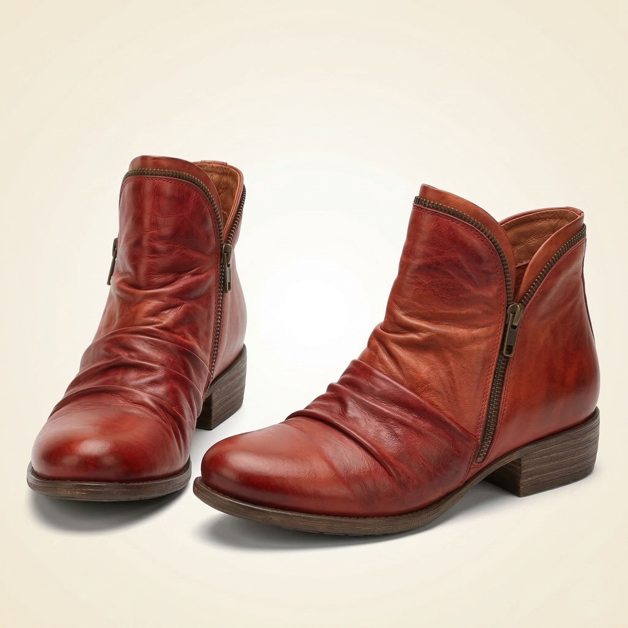 Women's Leather Ankle Bootie with Ruched Upper, Dual Side Zippers and Low Stacked Heel