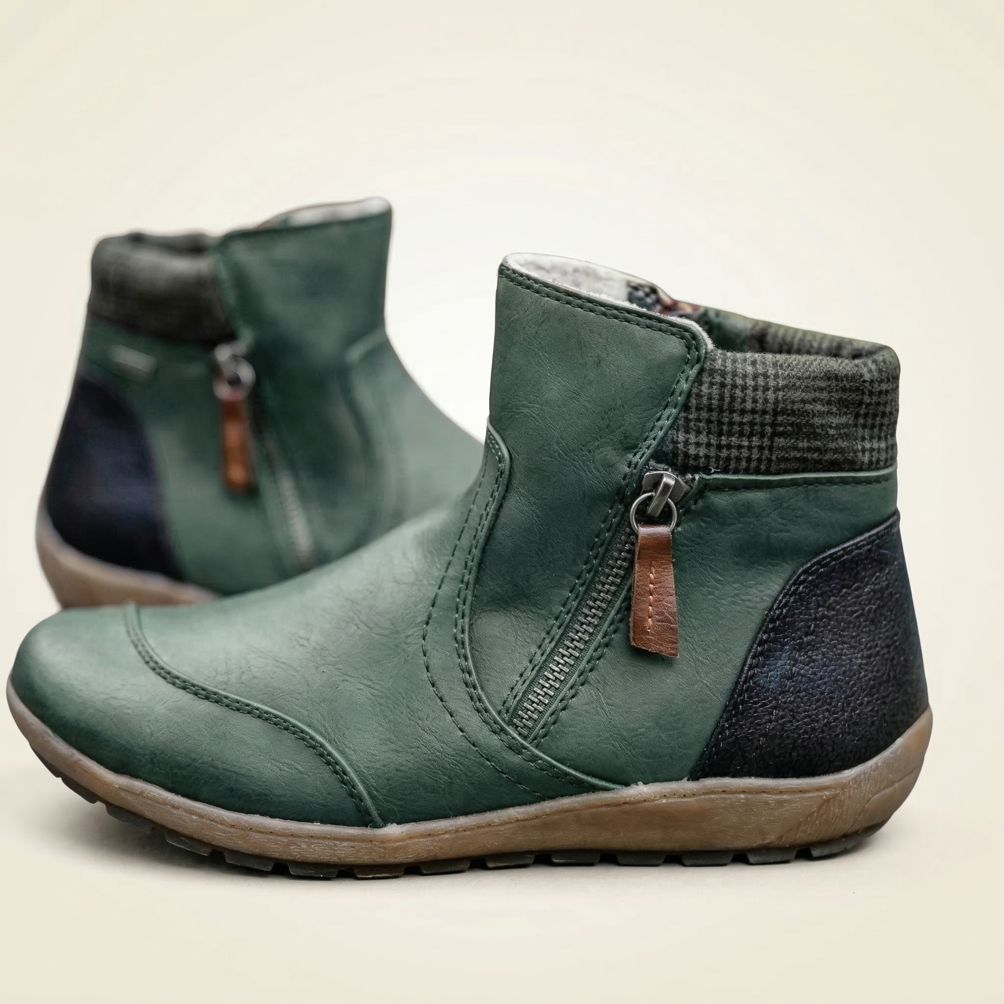 Women's Two-Tone Vegan Leather Ankle Boots with Side Zipper, Plaid Collar Trim & Flat Rubber Sole