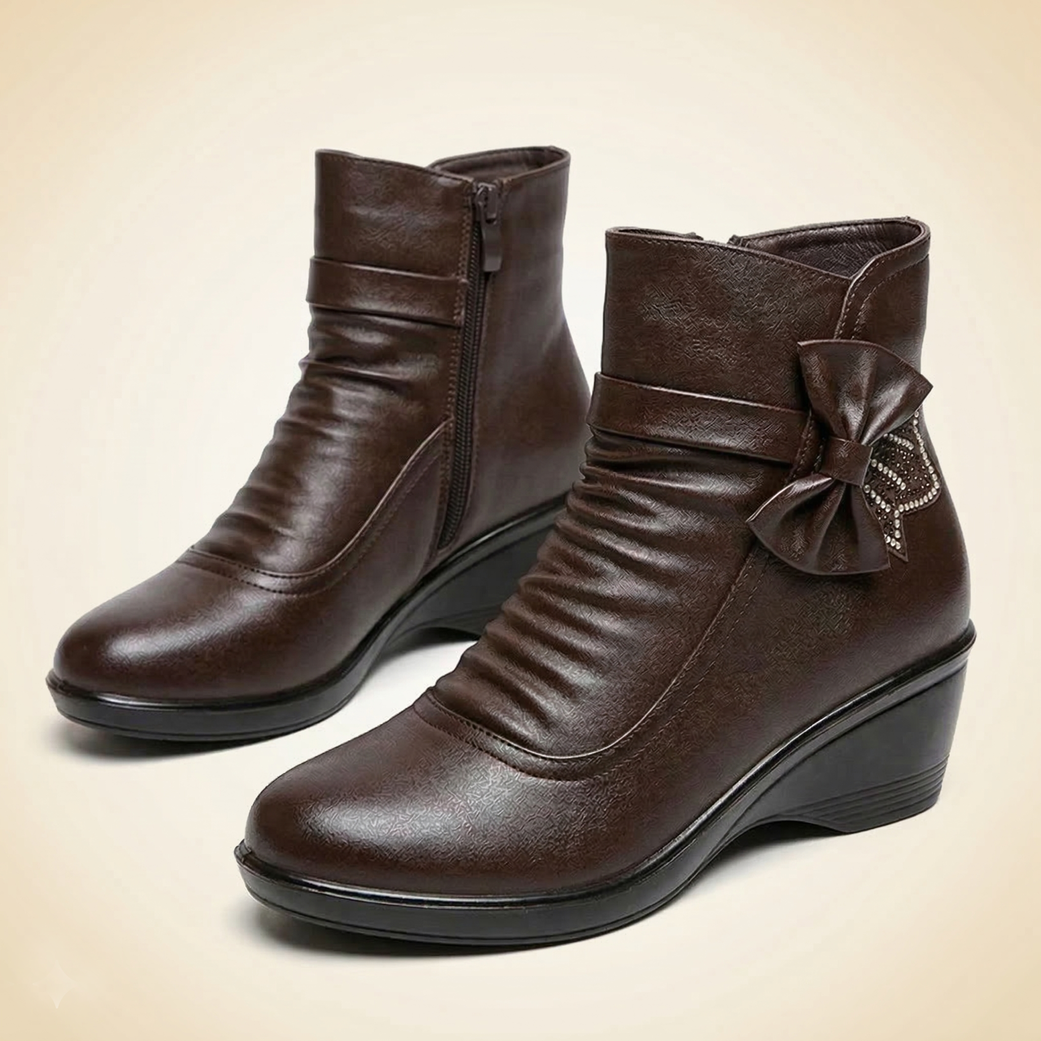 Ruching Vegan Leather Wedge Ankle Boots with Rhinestone Bow Accents