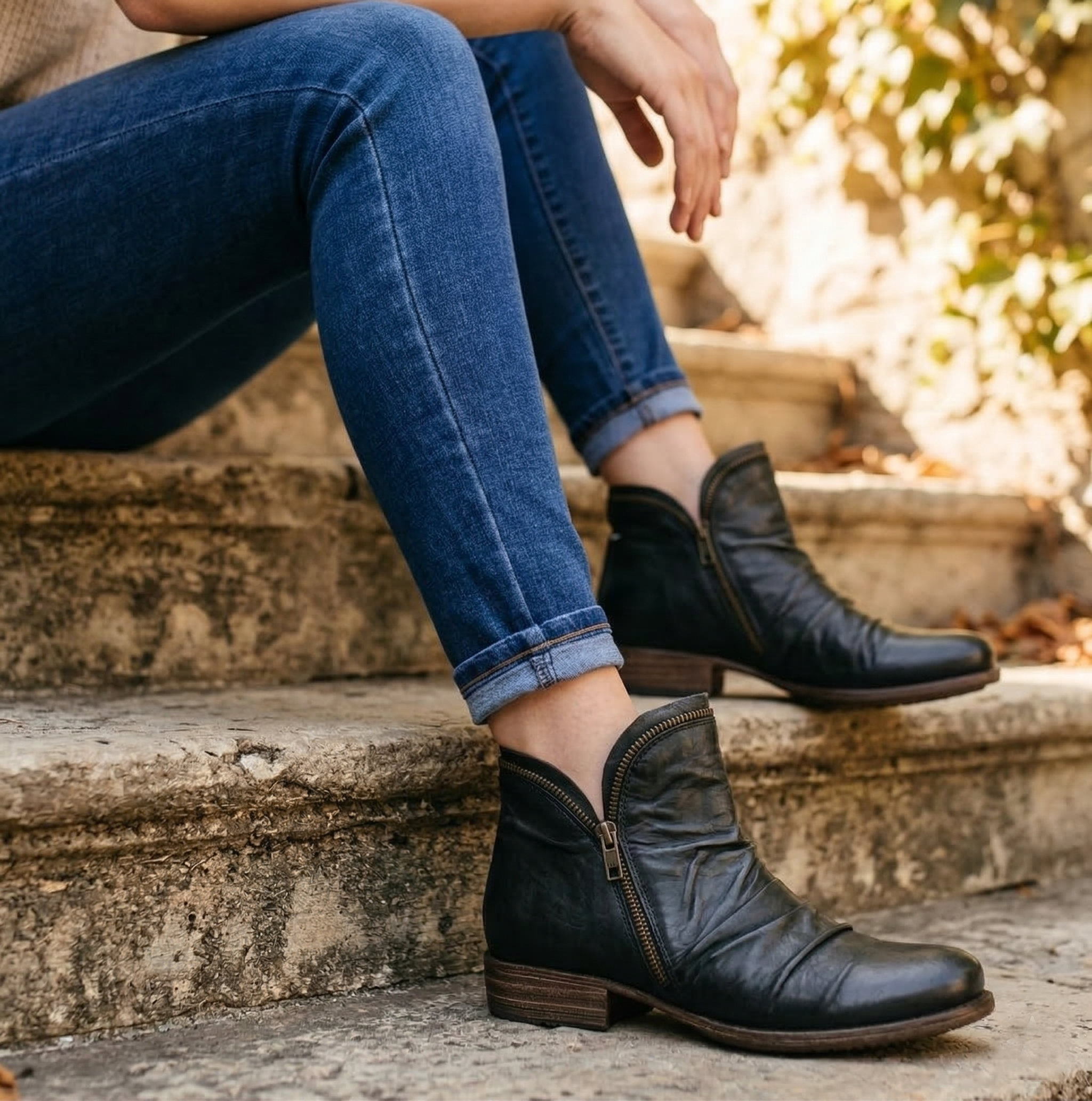 Women's Leather Ankle Bootie with Ruched Upper, Dual Side Zippers and Low Stacked Heel