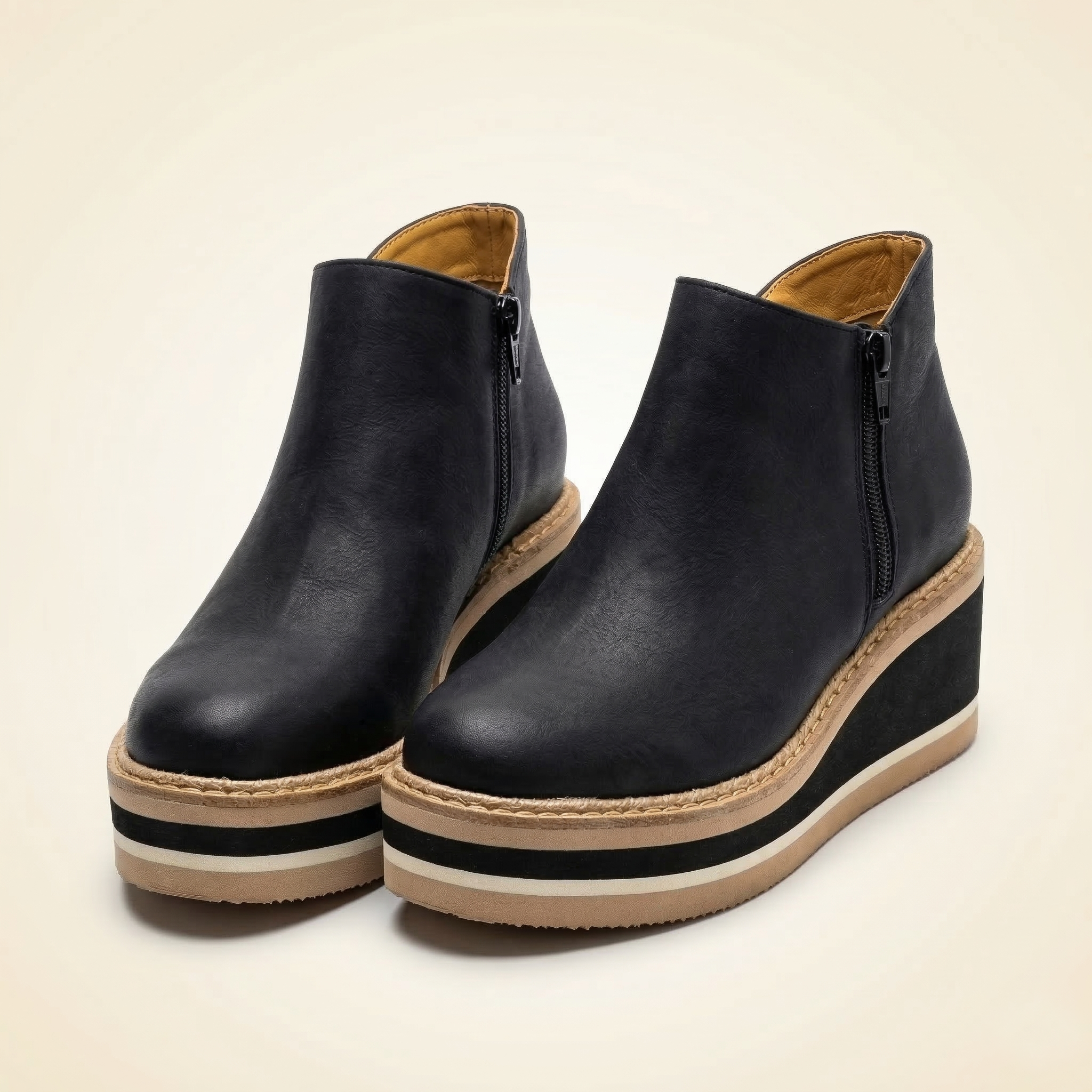 Women's Wedge Platform Ankle Boot with Side Zipper and Striped Sole