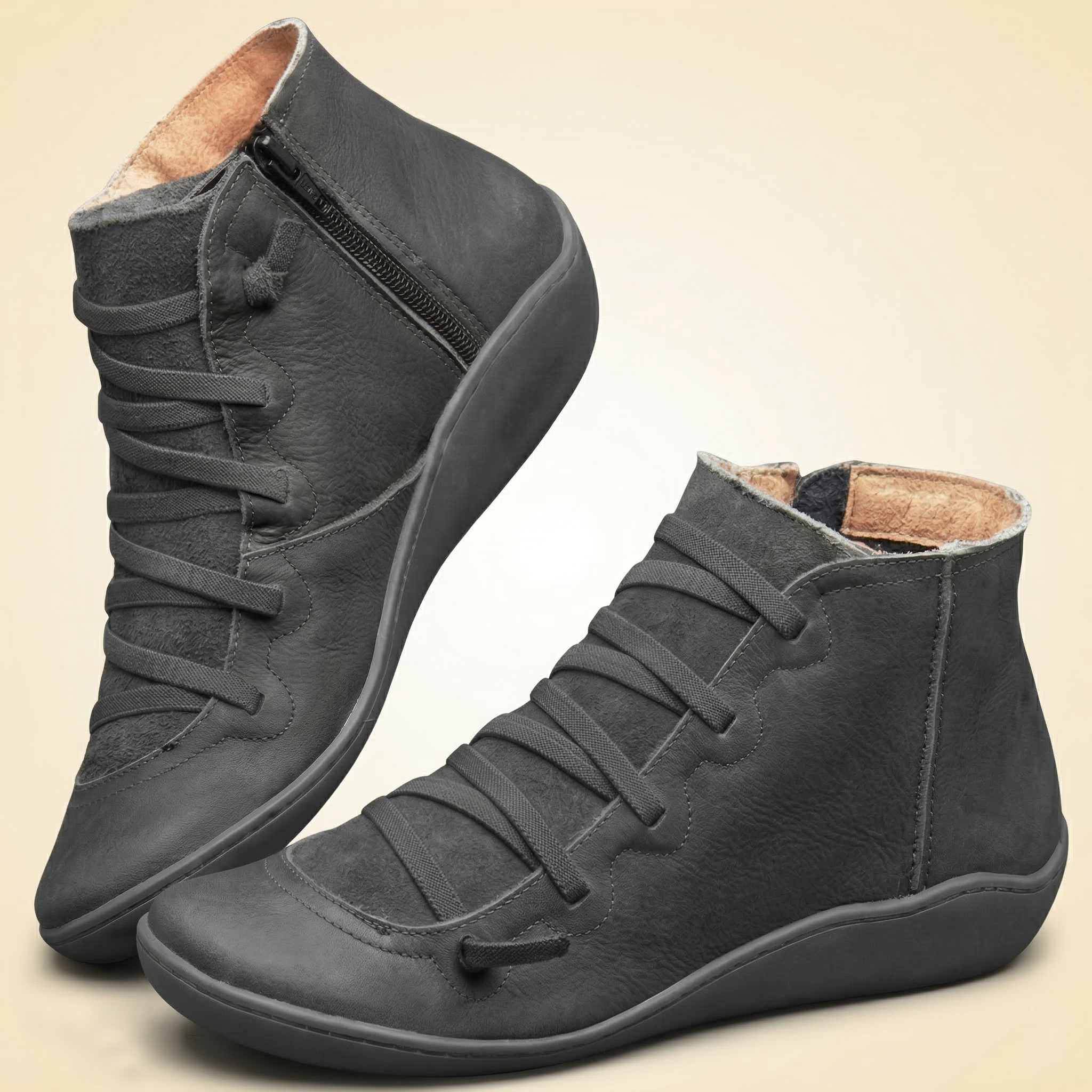 Multi-Color vegan Leather Lace-Up Side-Zip Flat Ankle Boots