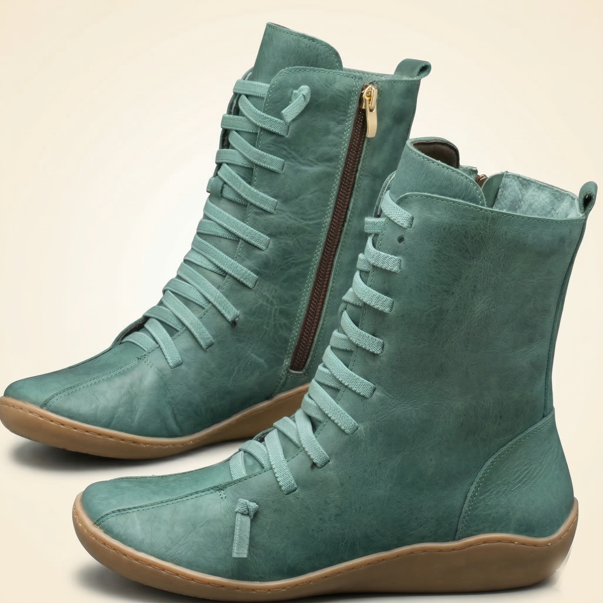 Women's Mid-Calf Leather Boot with Cross Strap Lace-Up Front, Side Zipper and Flat Rubber Sole