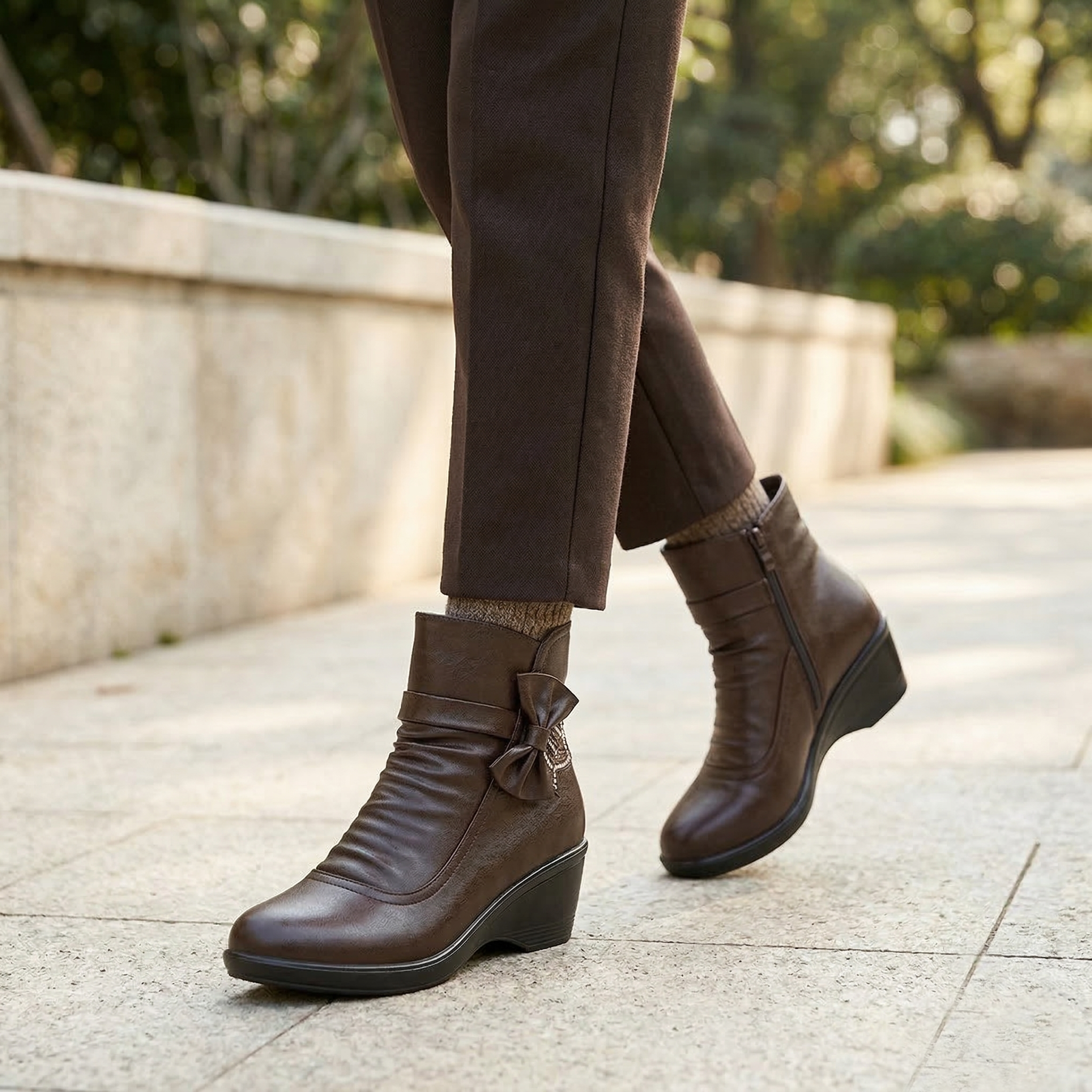 Ruching Vegan Leather Wedge Ankle Boots with Rhinestone Bow Accents