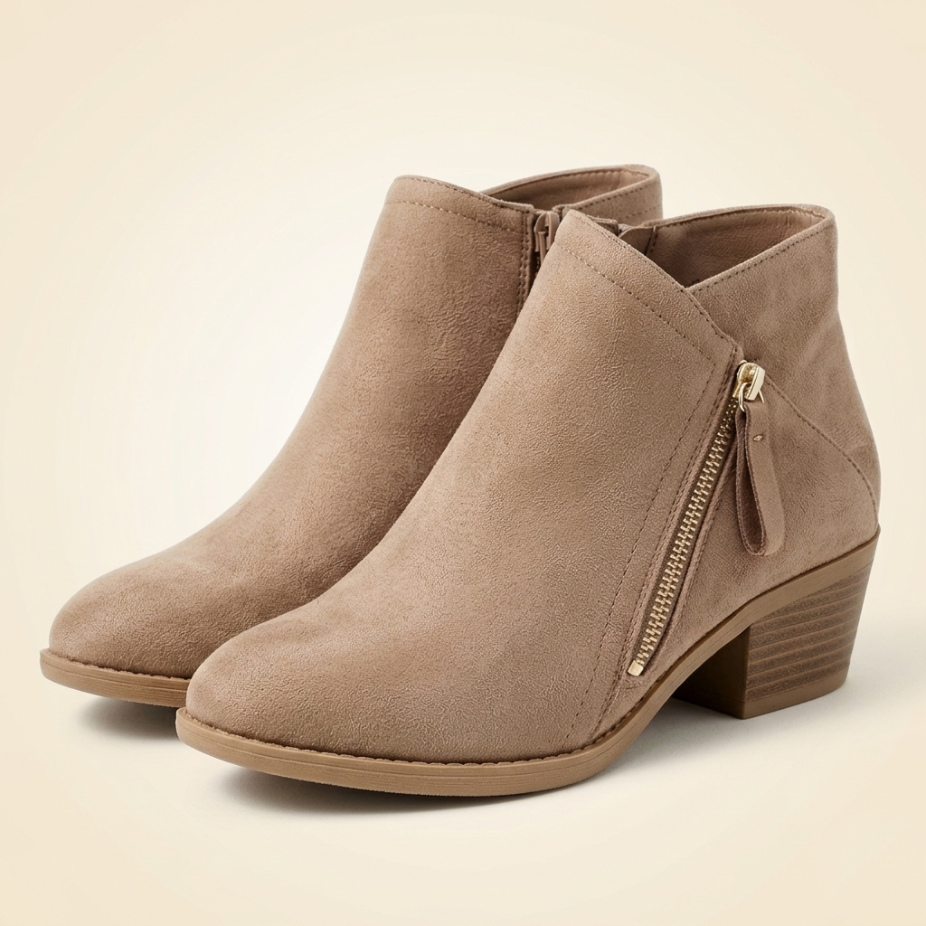 Women's Suede Ankle Bootie with Side Zipper and Stacked Block Heel
