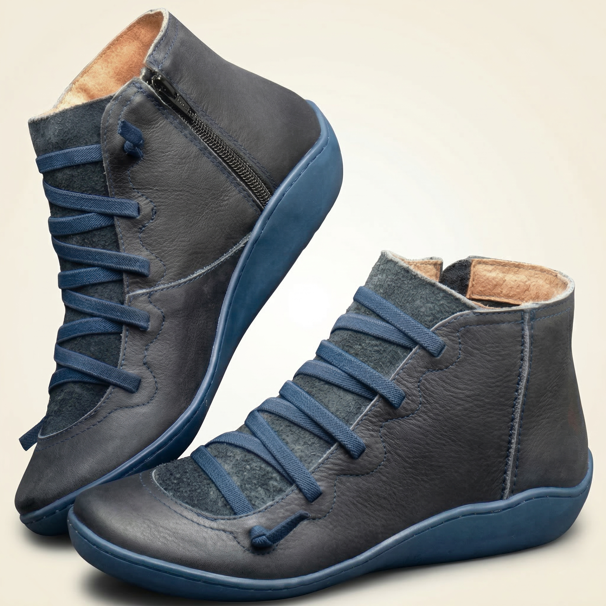 Multi-Color vegan Leather Lace-Up Side-Zip Flat Ankle Boots