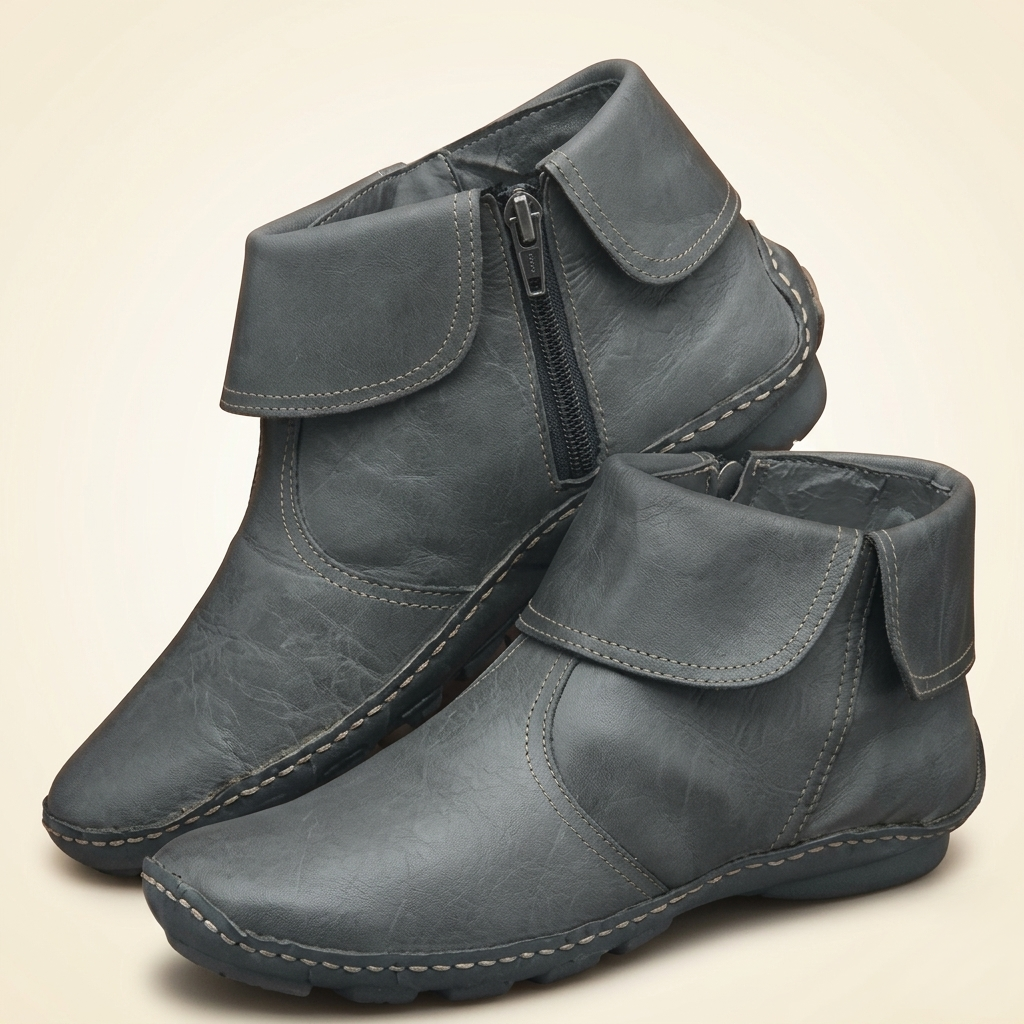 Hand-Stitched Fold-Over Collar Side-Zip Vegan Leather Ankle Boots
