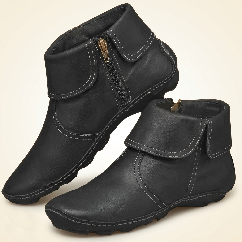 Hand-Stitched Fold-Over Collar Side-Zip Vegan Leather Ankle Boots