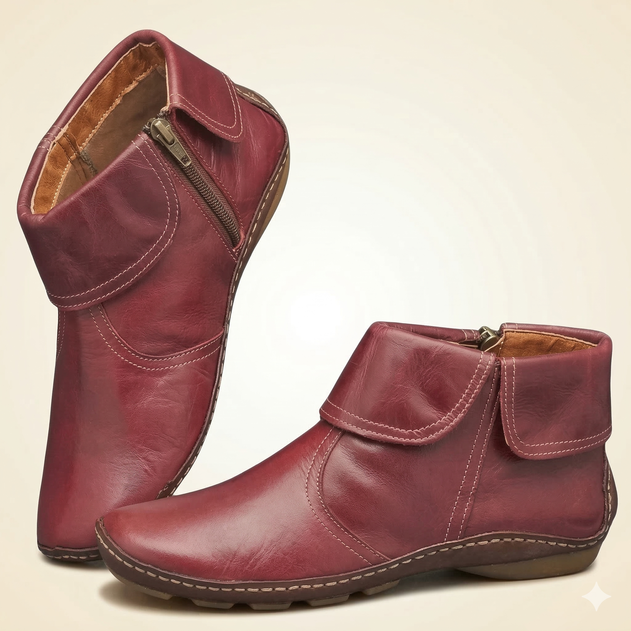 Hand-Stitched Fold-Over Collar Side-Zip Vegan Leather Ankle Boots