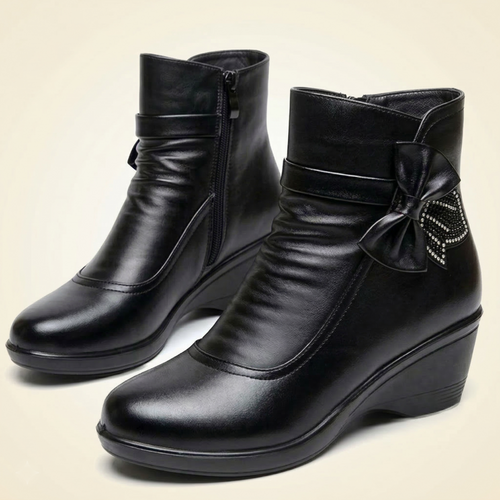 Ruching Vegan Leather Wedge Ankle Boots with Rhinestone Bow Accents