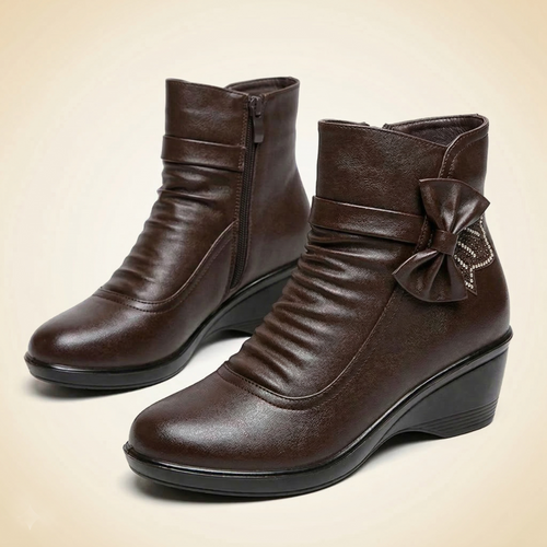 Ruching Vegan Leather Wedge Ankle Boots with Rhinestone Bow Accents